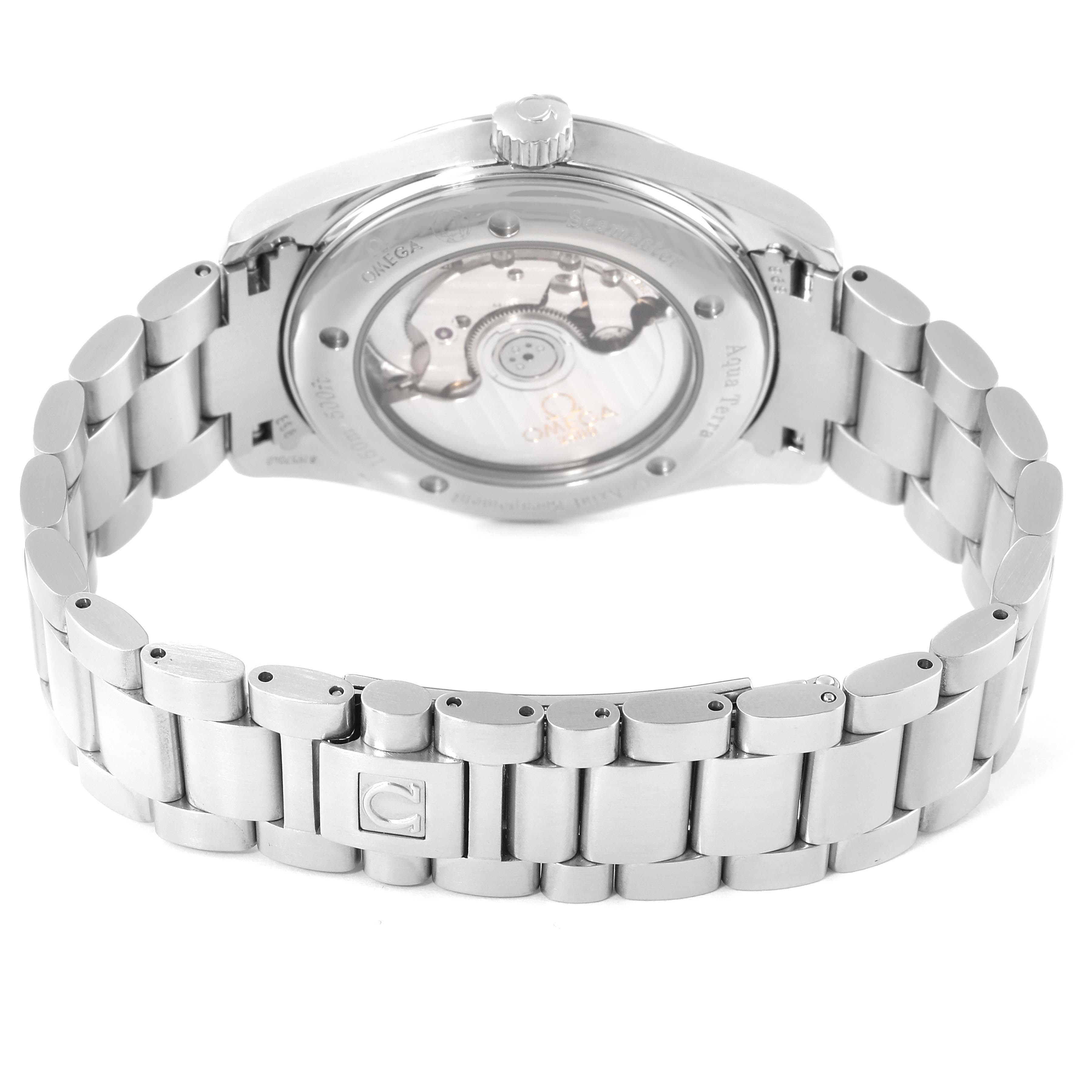 This image shows the back view of the Omega Aqua Terra 2503.34.00 Men's Stainless Steel Silver Dial 2503.34.00 Men's Stainless Steel Silver Dial watch, highlighting its stainless steel bracelet and transparent case back.