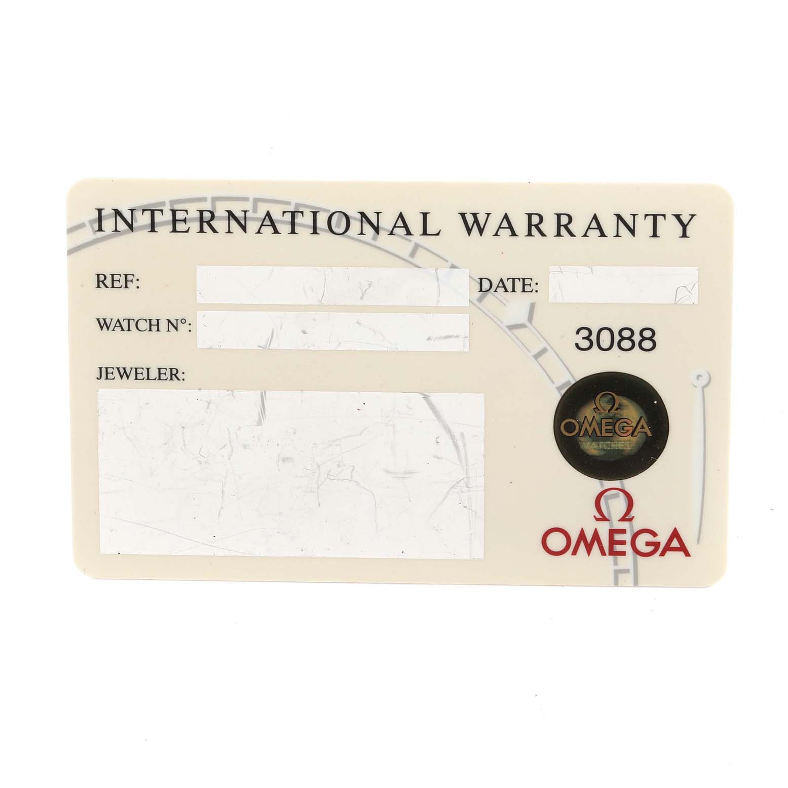 This image shows the International Warranty card for the Omega Aqua Terra 2503.34.00 Men's Stainless Steel Silver Dial 2503.34.00 Men's Stainless Steel Silver Dial watch model.