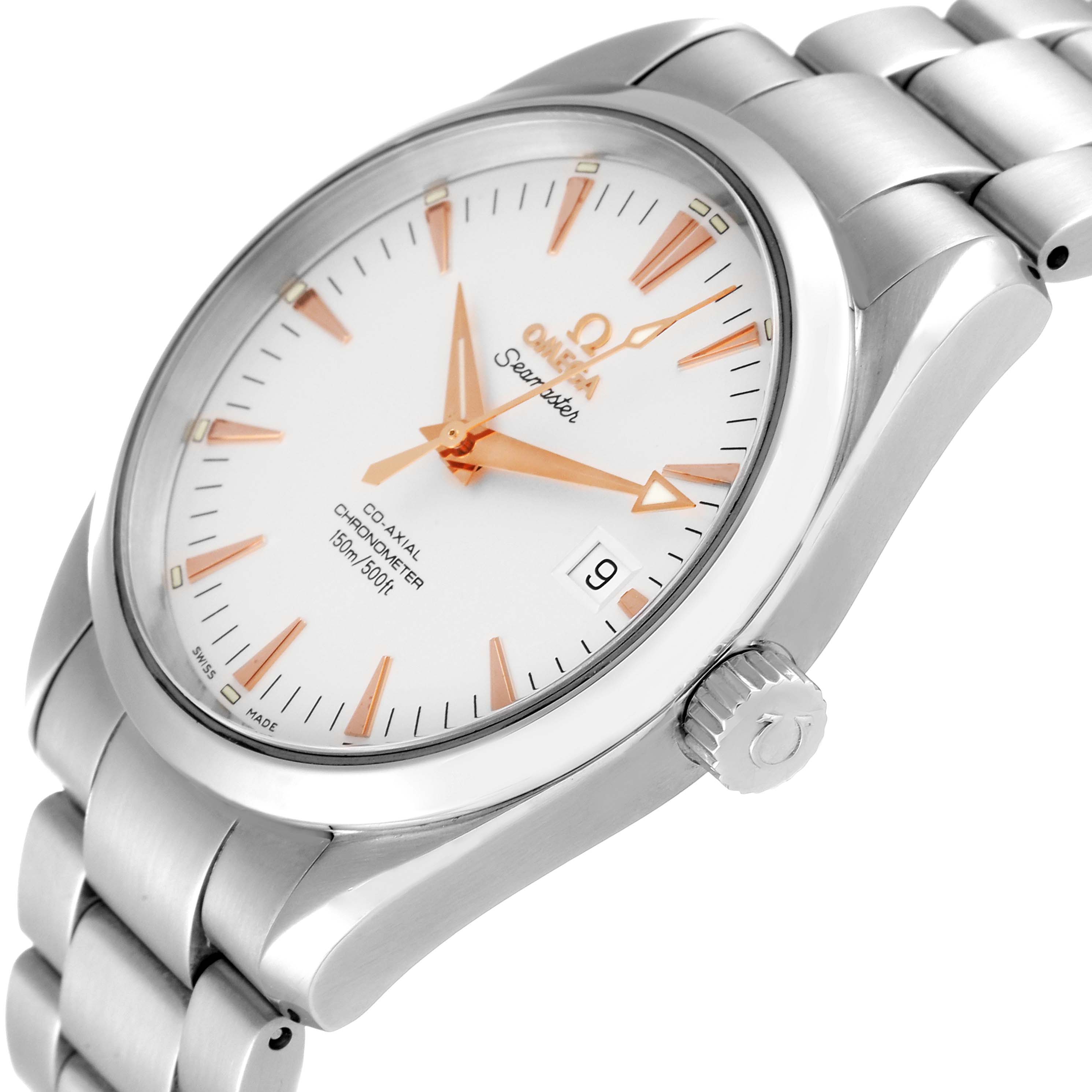 The image shows an Omega Aqua Terra 2503.34.00 Men's Stainless Steel Silver Dial 2503.34.00 Men's Stainless Steel Silver Dial watch at an angled close-up, highlighting the dial, crown, and bracelet.