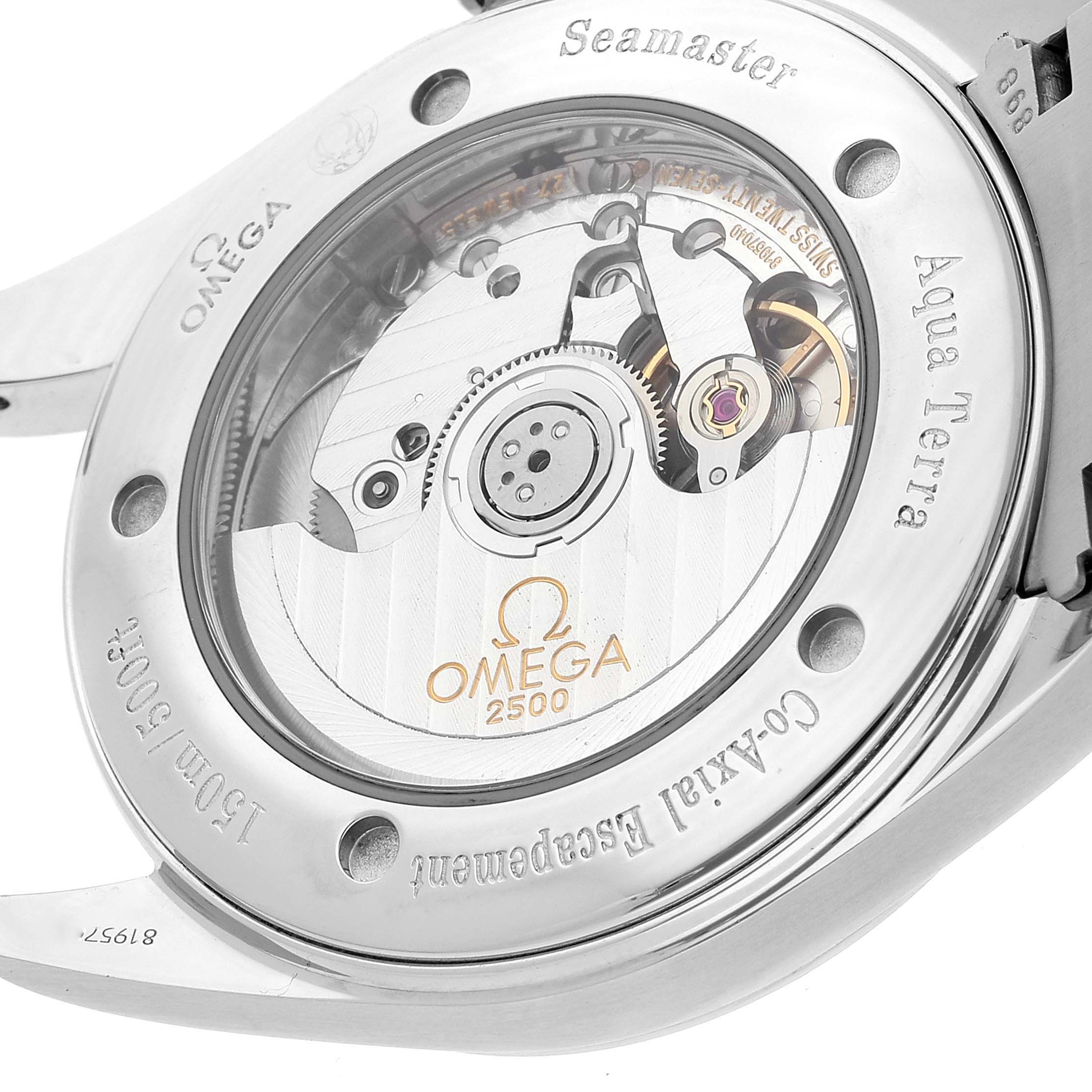 The image shows the back view of the Omega Aqua Terra 2503.34.00 Men's Stainless Steel Silver Dial 2503.34.00 Men's Stainless Steel Silver Dial Seamaster watch, highlighting its Co-Axial escapement and movement details.