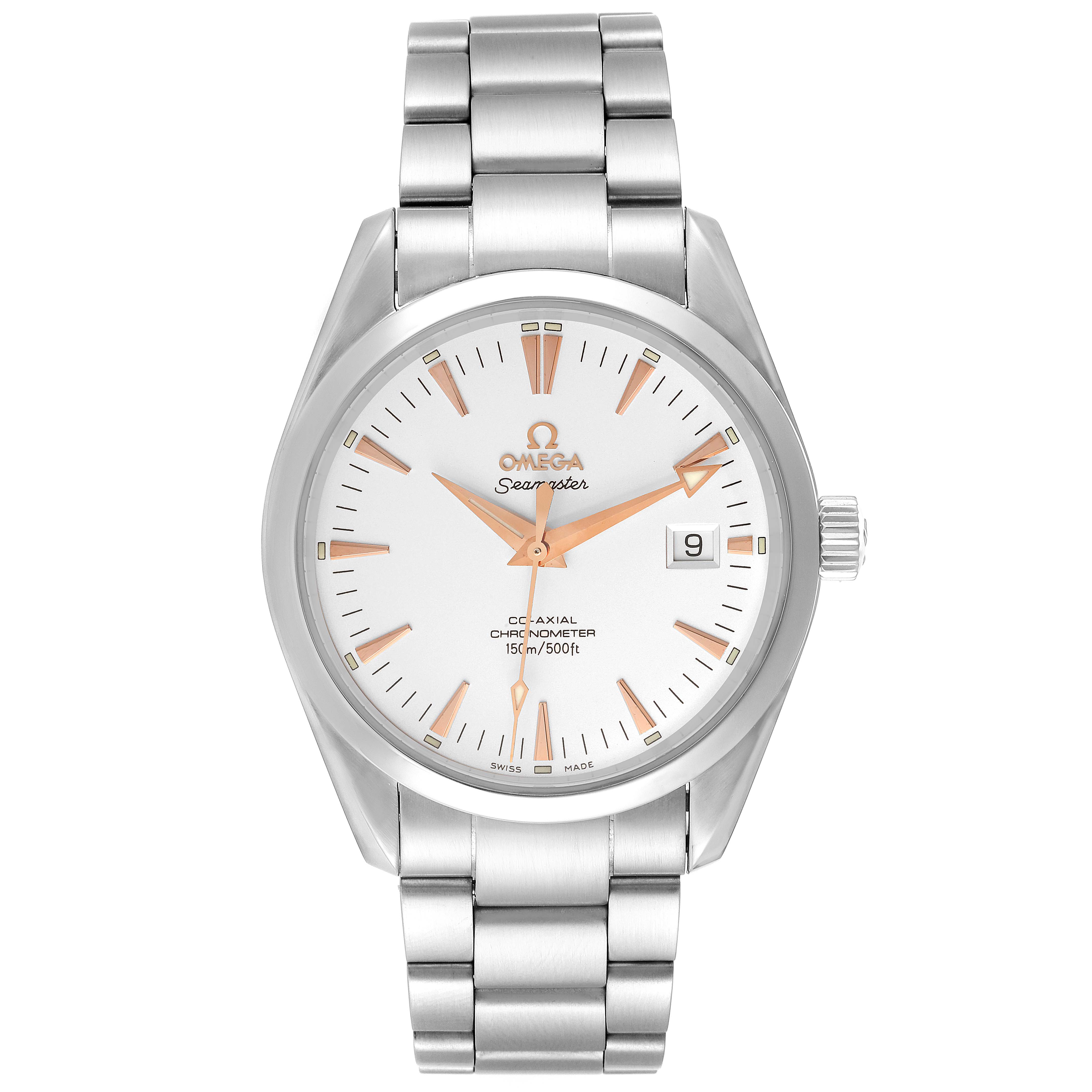 The image shows a front view of the Omega Aqua Terra 2503.34.00 Men's Stainless Steel Silver Dial 2503.34.00 Men's Stainless Steel Silver Dial model, highlighting its dial, hands, markers, date window, and bracelet.