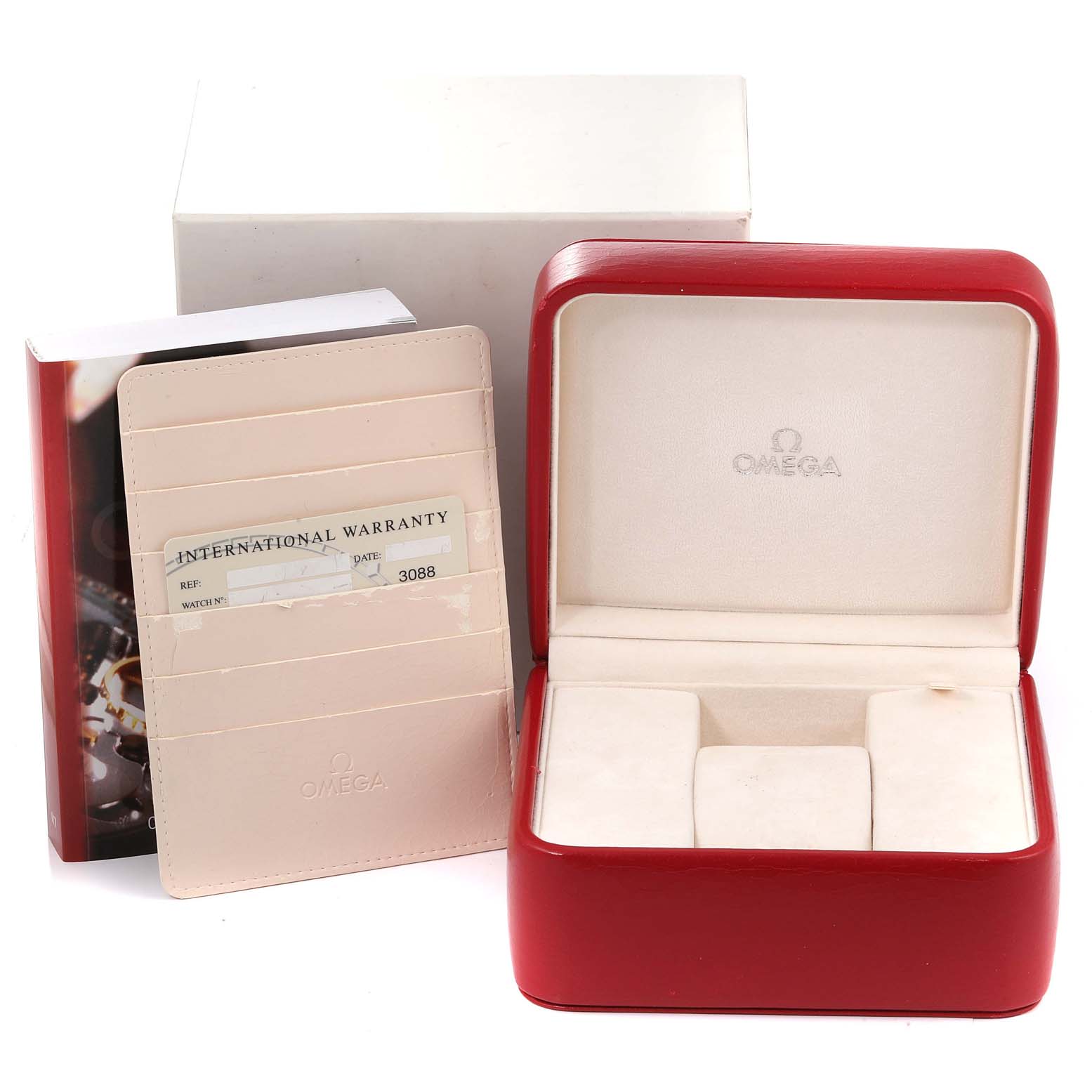 The image shows an Omega Aqua Terra 2503.34.00 Men's Stainless Steel Silver Dial 2503.34.00 Men's Stainless Steel Silver Dial model watch box, international warranty card, and possibly a manual booklet.