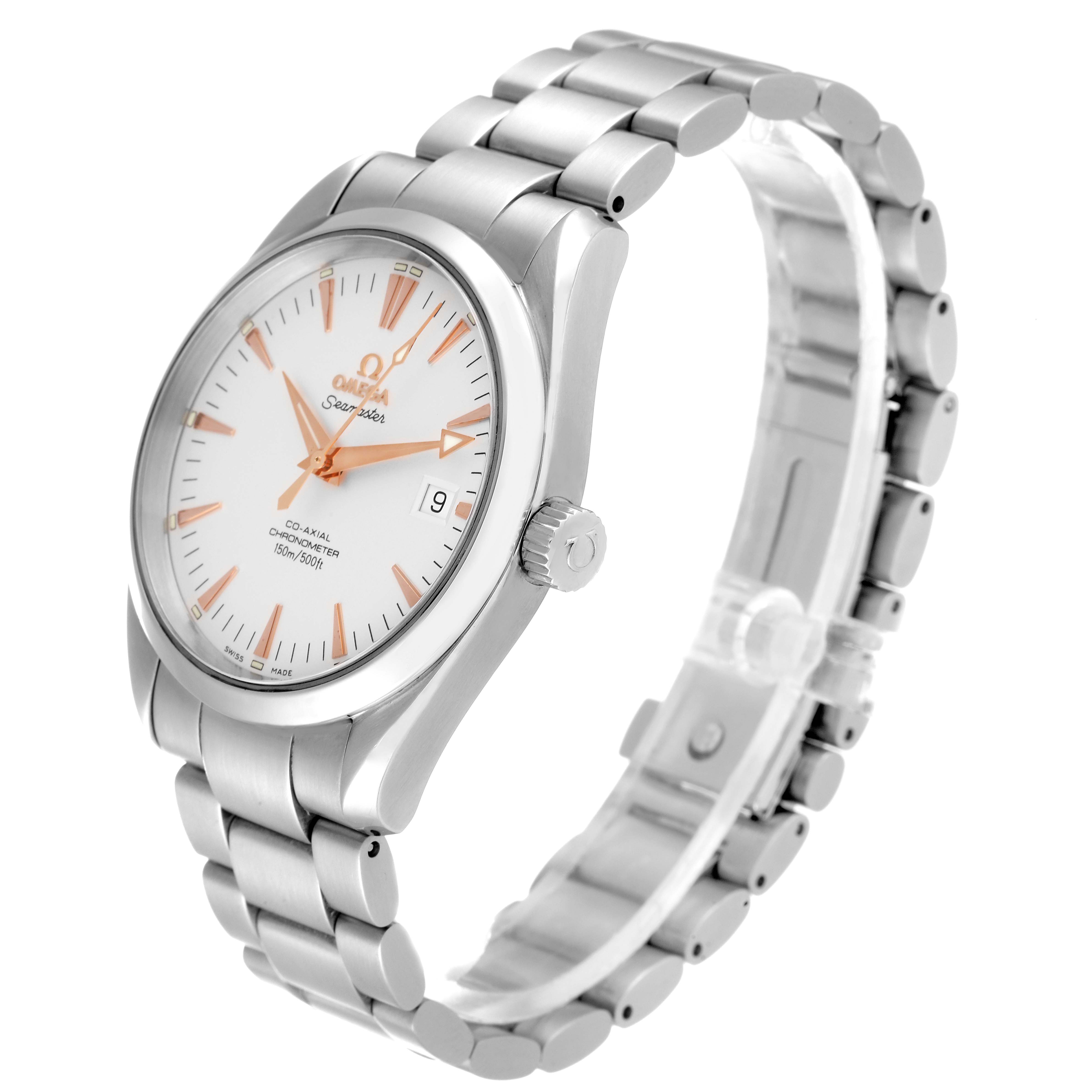 The Omega Aqua Terra 2503.34.00 Men's Stainless Steel Silver Dial 2503.34.00 Men's Stainless Steel Silver Dial watch is shown at a three-quarter angle, displaying the face, crown, and metal bracelet.