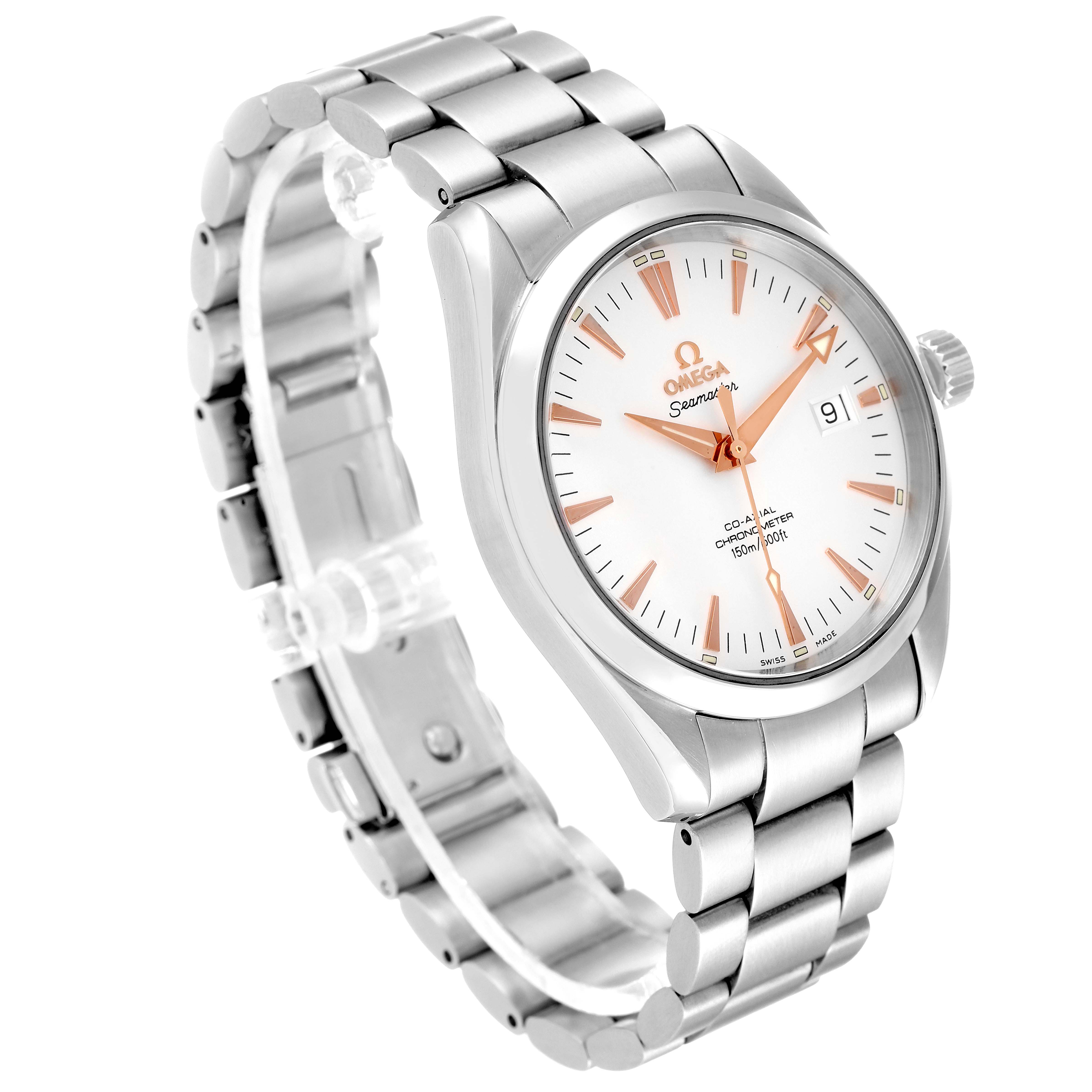 The watch is an Omega Aqua Terra 2503.34.00 Men's Stainless Steel Silver Dial 2503.34.00 Men's Stainless Steel Silver Dial model shown at a three-quarter angle, displaying the face, bezel, bracelet, and crown.