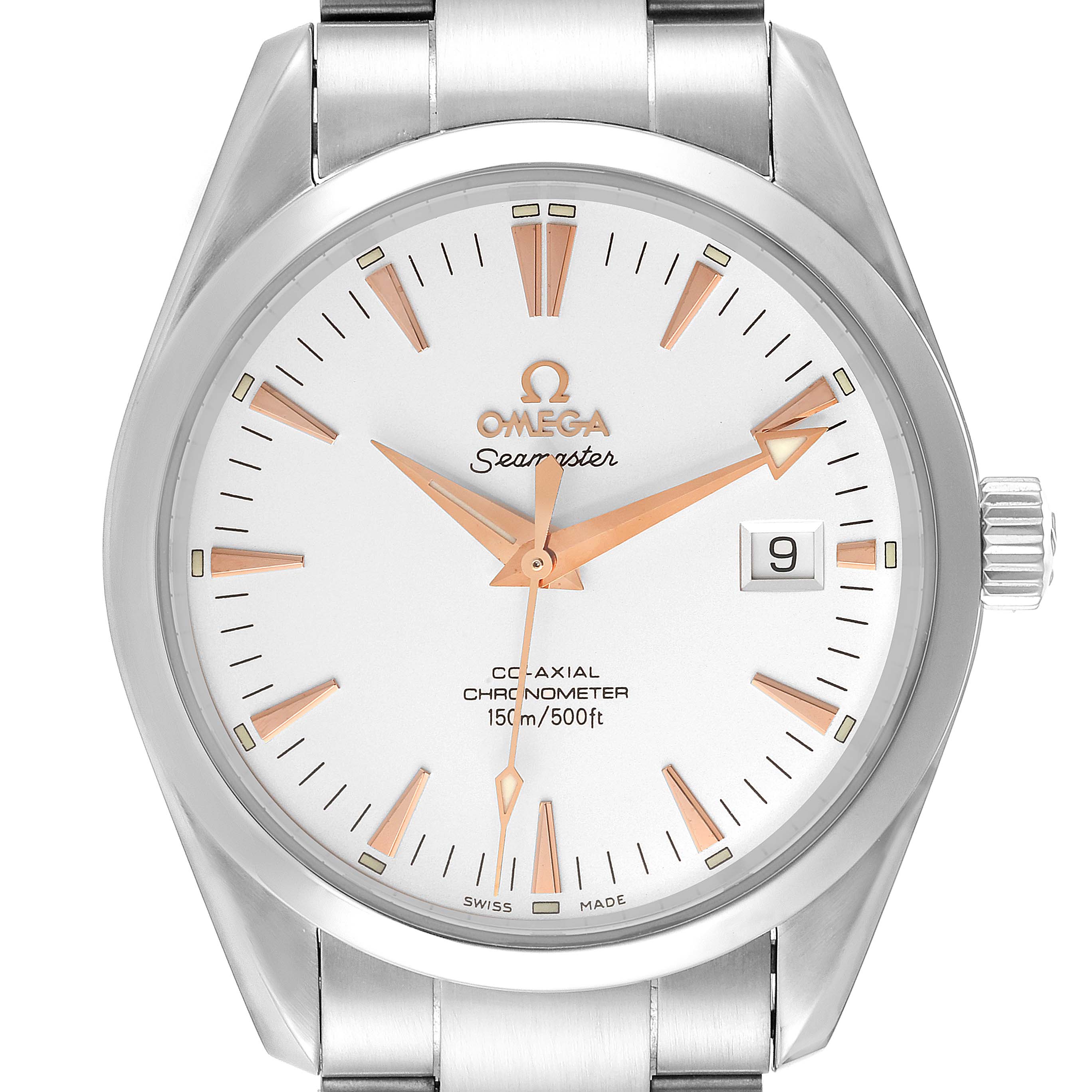 The image shows a front view of the Omega Aqua Terra 2503.34.00 Men's Stainless Steel Silver Dial 2503.34.00 Men's Stainless Steel Silver Dial Seamaster watch, highlighting its dial, hands, markers, and bracelet.