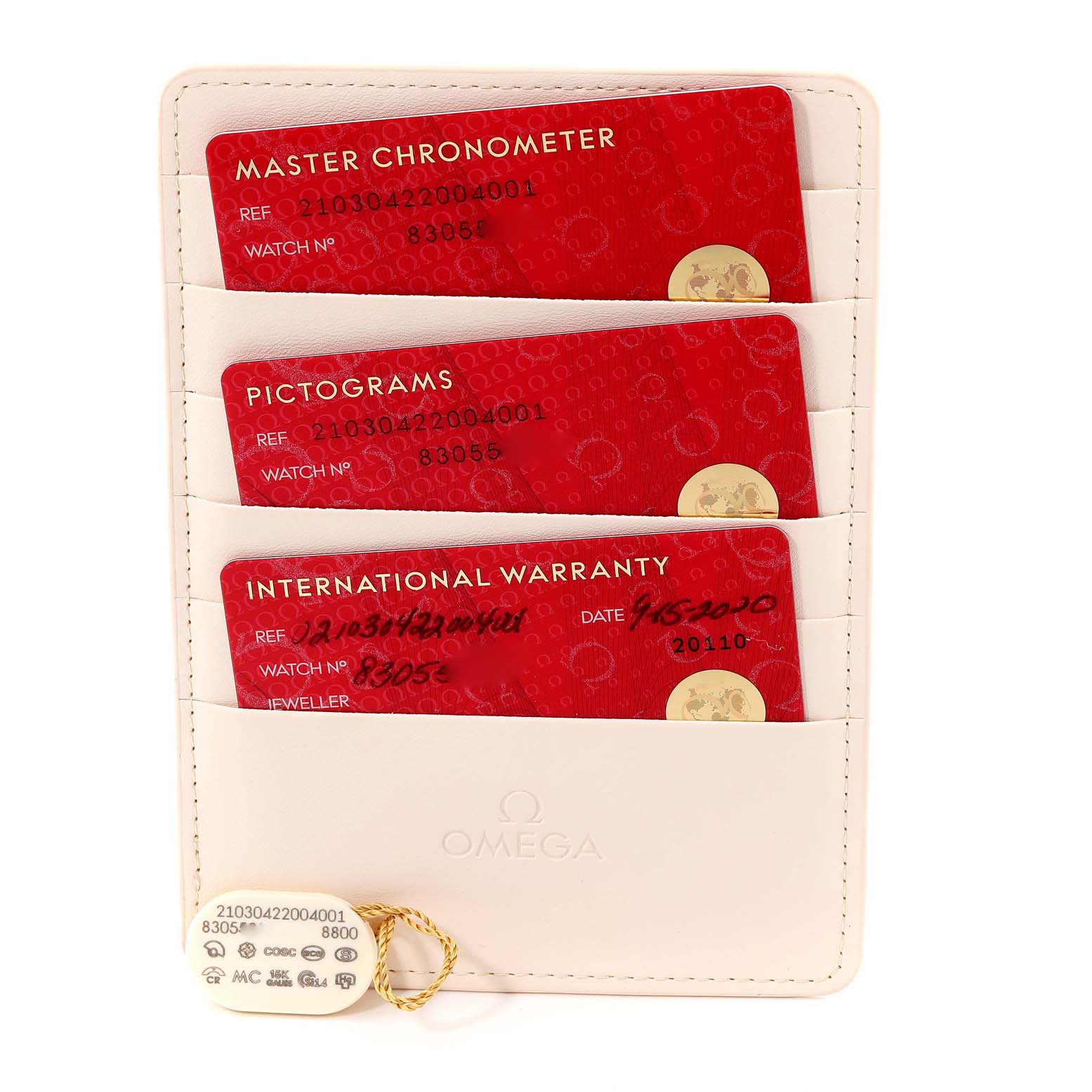 This image shows the warranty cards and certification for an Omega Seamaster 210.30.42.20.04.001 Men
s Stainless Steel White Dial 210.30.42.20.04.001 Men
s Stainless Steel White Dial watch, placed inside a white cardholder.