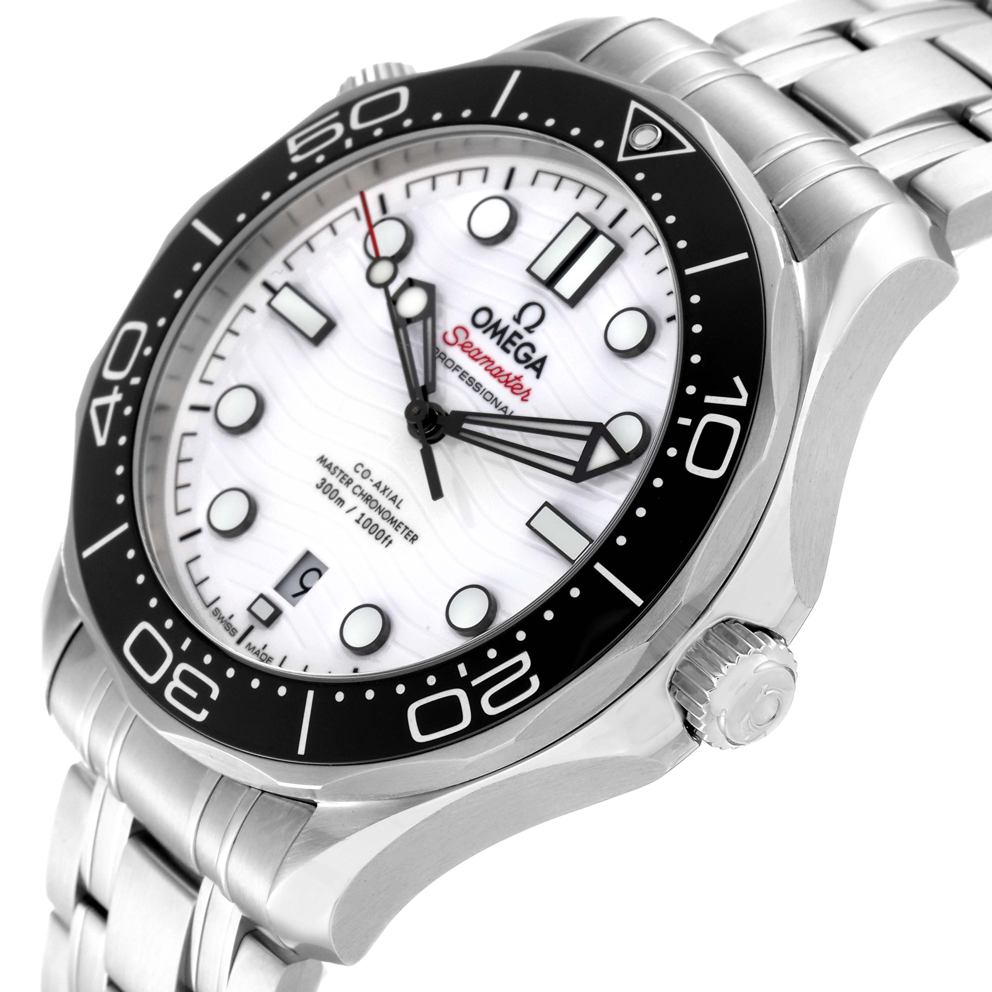 The Omega Seamaster 210.30.42.20.04.001 Men
s Stainless Steel White Dial 210.30.42.20.04.001 Men
s Stainless Steel White Dial watch is shown at a slight angle, highlighting its face, bezel, and bracelet in detail.