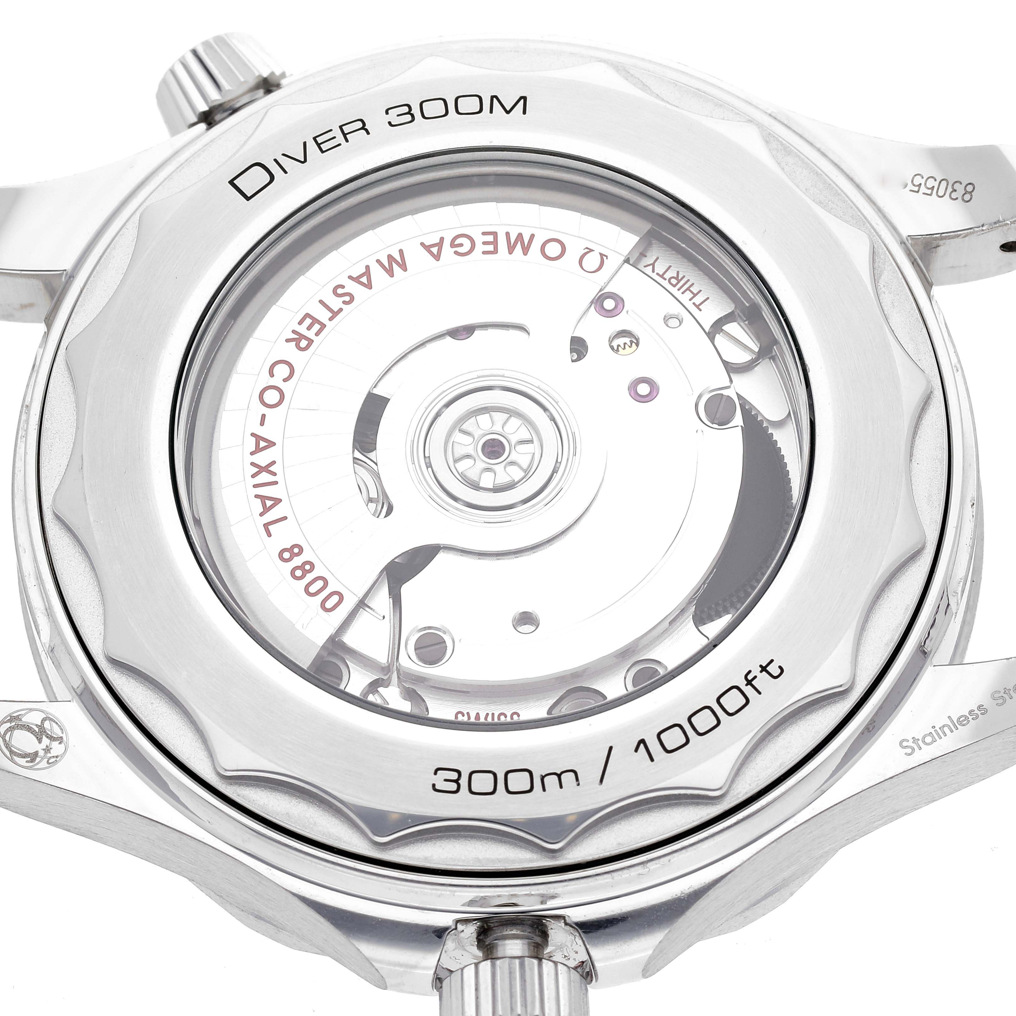 The image shows the back view of an Omega Seamaster 210.30.42.20.04.001 Men
s Stainless Steel White Dial 210.30.42.20.04.001 Men
s Stainless Steel White Dial watch, highlighting its Co-Axial Master Chronometer 8800 movement.