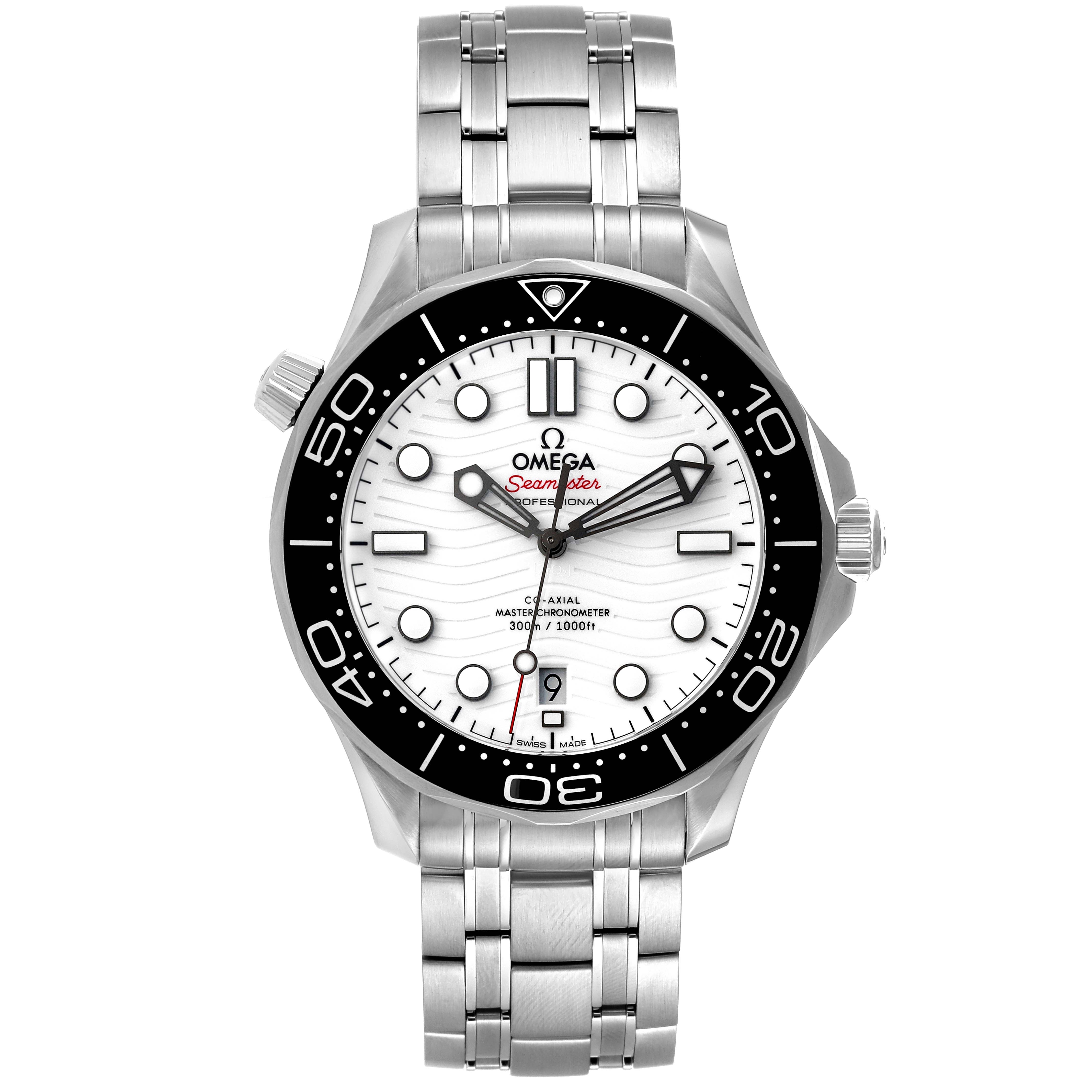The image shows a front view of the Omega Seamaster 210.30.42.20.04.001 Men
s Stainless Steel White Dial 210.30.42.20.04.001 Men
s Stainless Steel White Dial watch, highlighting its dial, bezel, and bracelet.