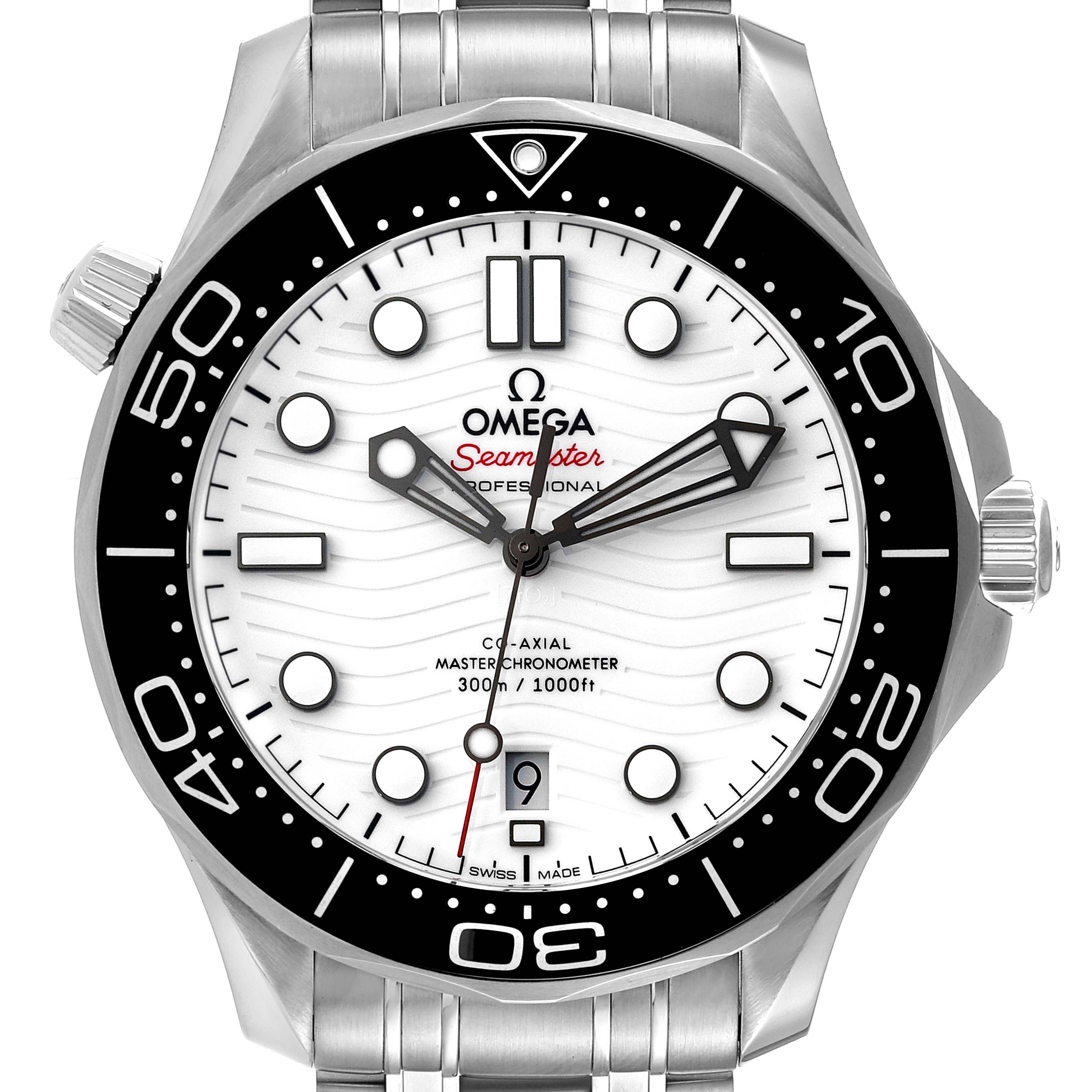 The image shows a front angle of an Omega Seamaster 210.30.42.20.04.001 Men
s Stainless Steel White Dial 210.30.42.20.04.001 Men
s Stainless Steel White Dial watch with a white dial, black bezel, and stainless steel bracelet.