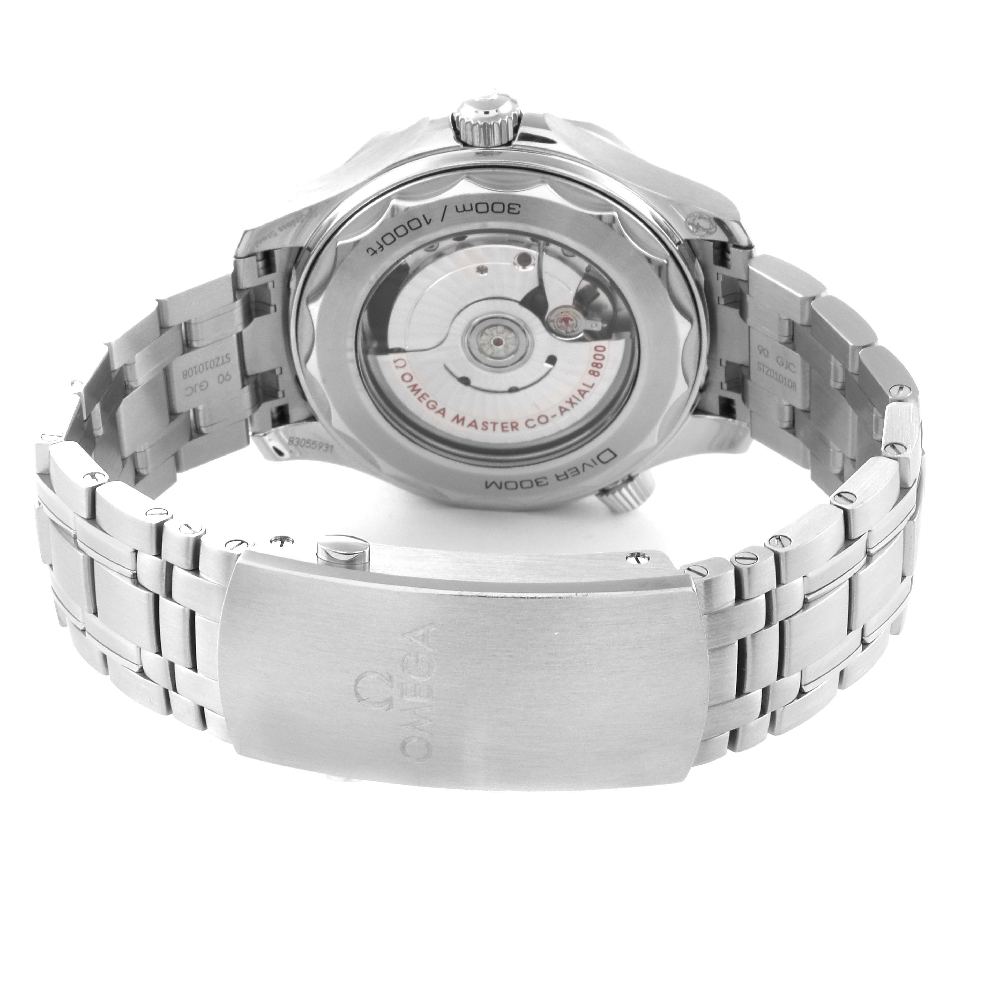 The image shows the back view of the Omega Seamaster 210.30.42.20.04.001 Men
s Stainless Steel White Dial 210.30.42.20.04.001 Men
s Stainless Steel White Dial watch, highlighting its open case-back and metal bracelet.