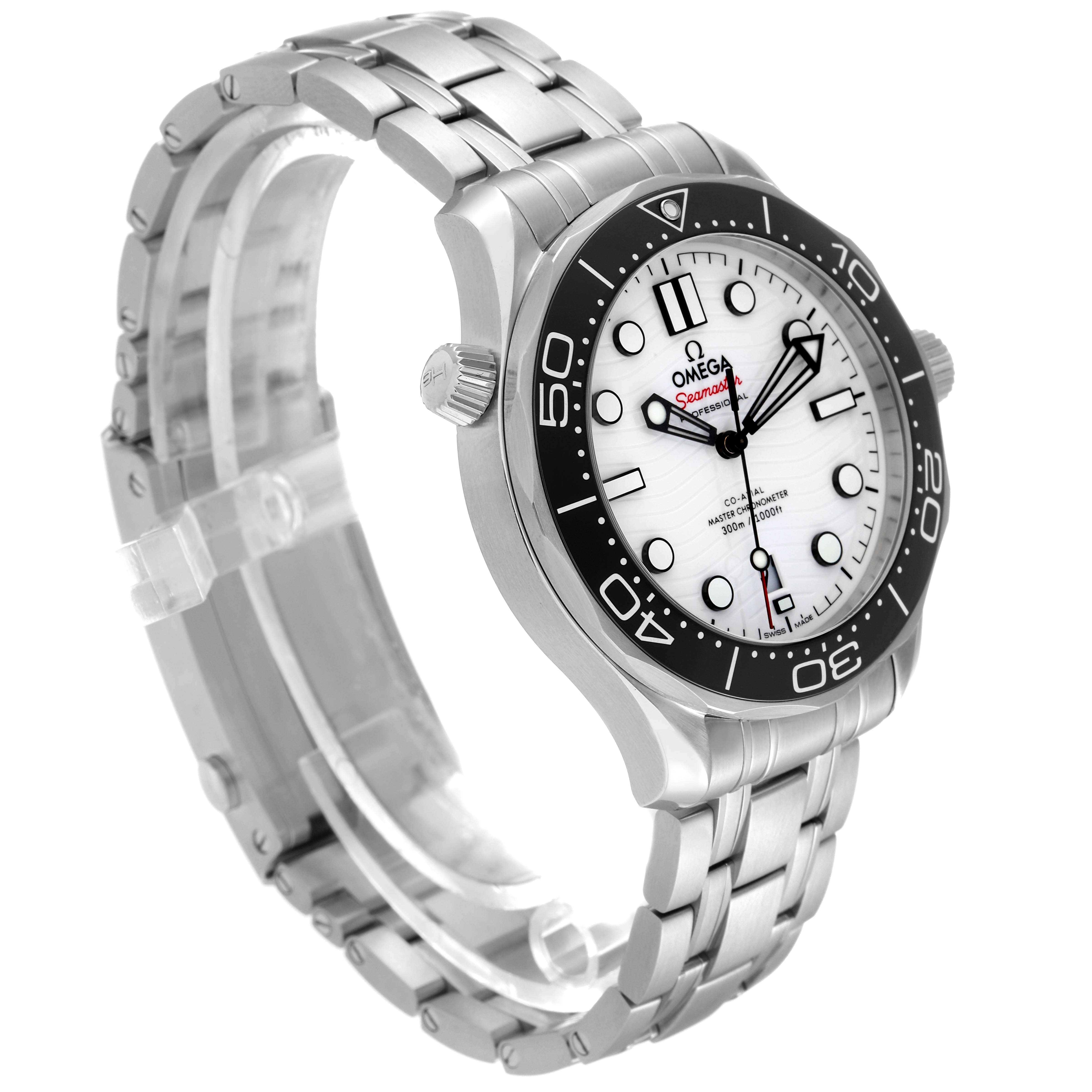The image shows a side angle of an Omega Seamaster 210.30.42.20.04.001 Men
s Stainless Steel White Dial 210.30.42.20.04.001 Men
s Stainless Steel White Dial watch, highlighting the bracelet, bezel, and dial.