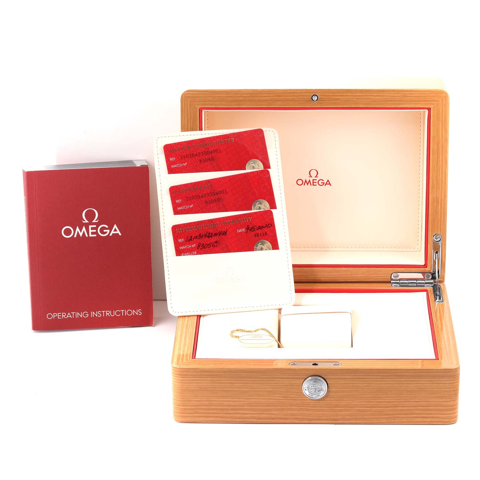 The image shows the packaging and accessories for the Omega Seamaster 210.30.42.20.04.001 Men
s Stainless Steel White Dial 210.30.42.20.04.001 Men
s Stainless Steel White Dial, including the box, instruction manual, and Best Quality
ity cards from a top angle.