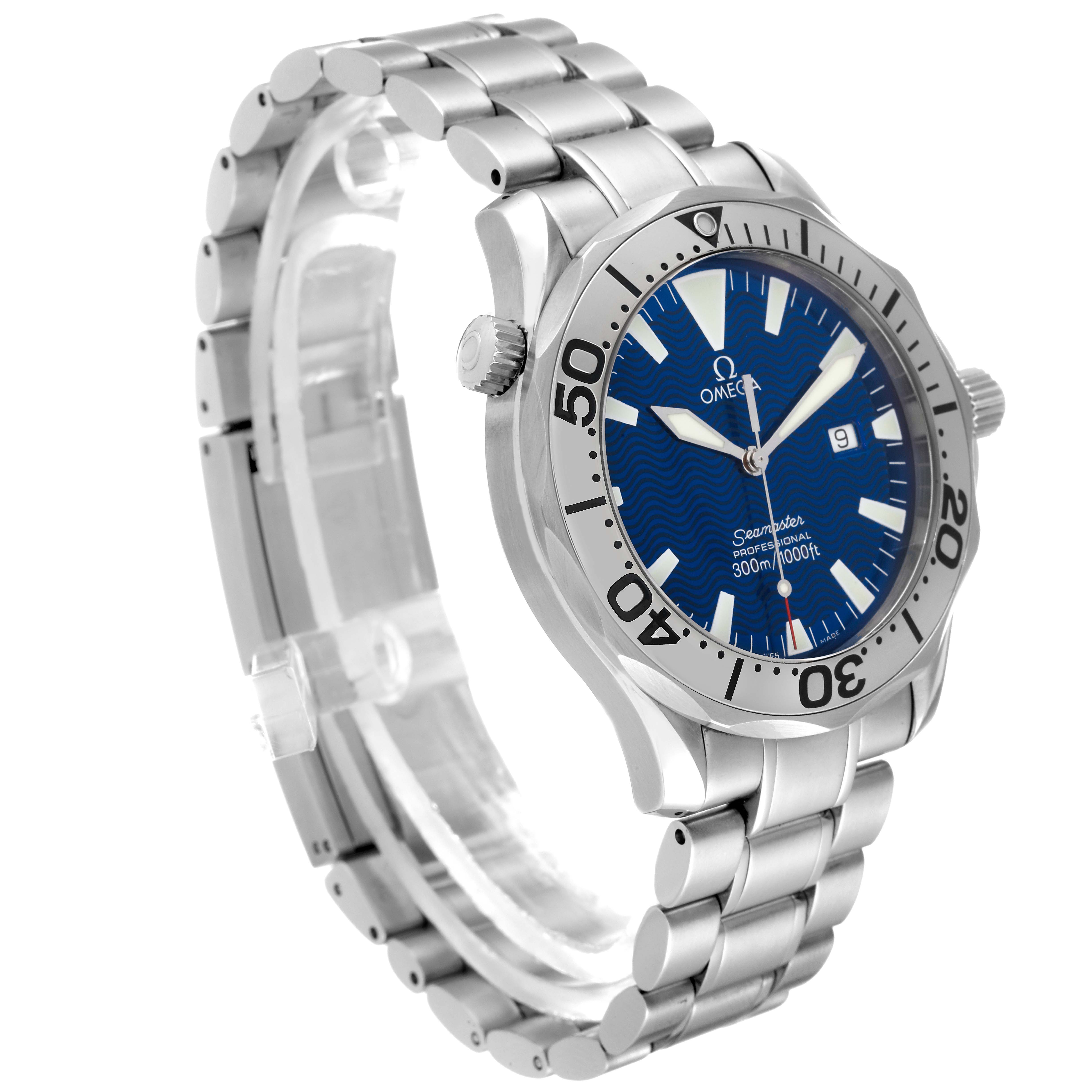 This image shows an Omega Seamaster 2265.80.00 Men's Stainless Steel Blue Dial 2265.80.00 Men's Stainless Steel Blue Dial watch from a three-quarters front angle, highlighting the face, bezel, and bracelet.