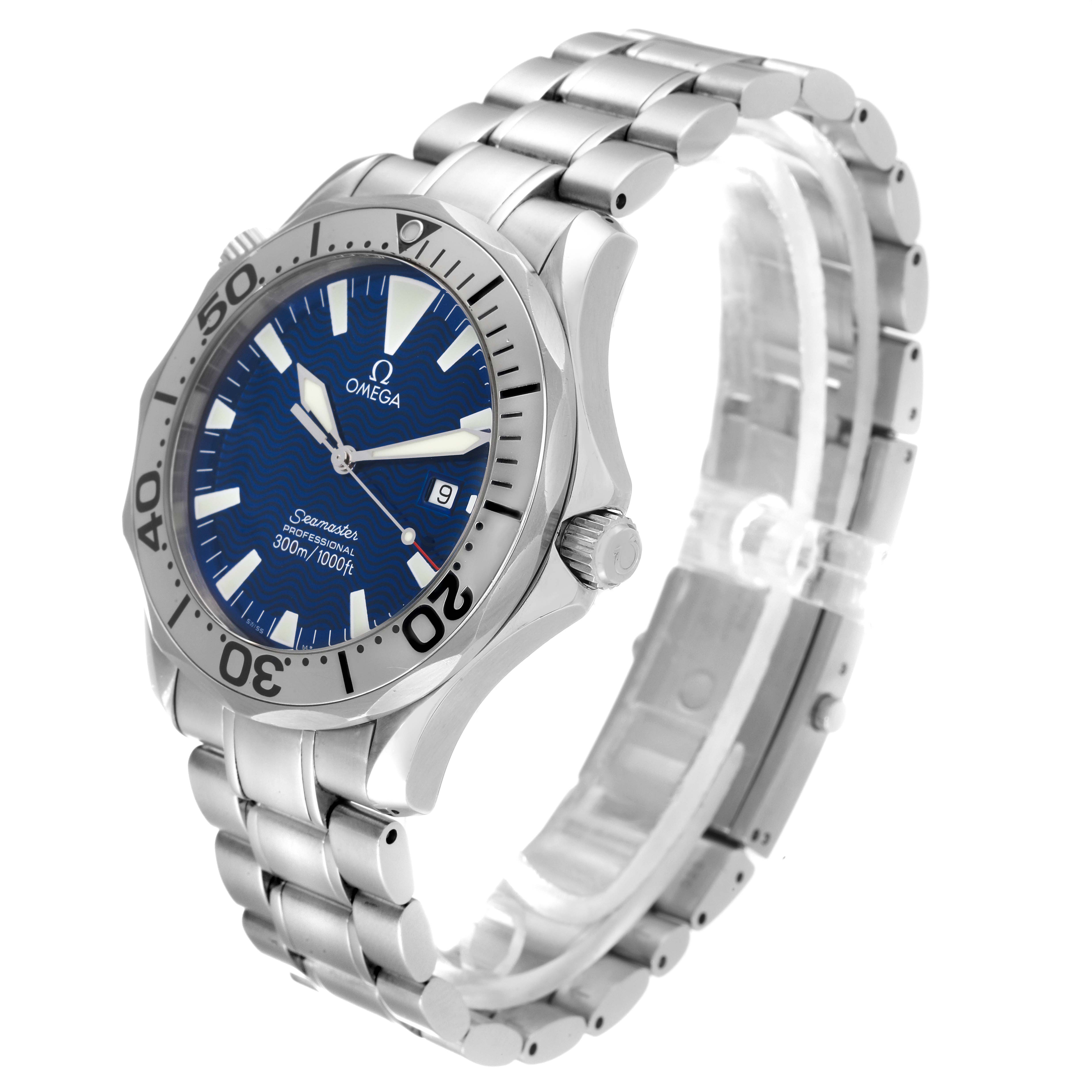 The Omega Seamaster 2265.80.00 Men's Stainless Steel Blue Dial 2265.80.00 Men's Stainless Steel Blue Dial watch is shown at a three-quarter angle, displaying the face, bezel, crown, and part of the bracelet.