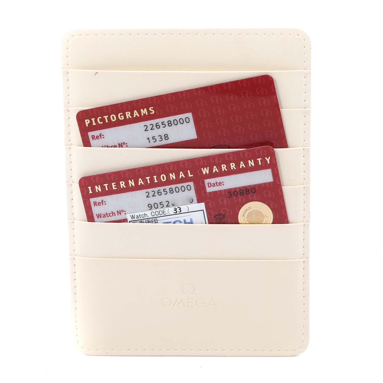 The image shows two red Omega cards for the Seamaster model, placed inside a white Omega cardholder.