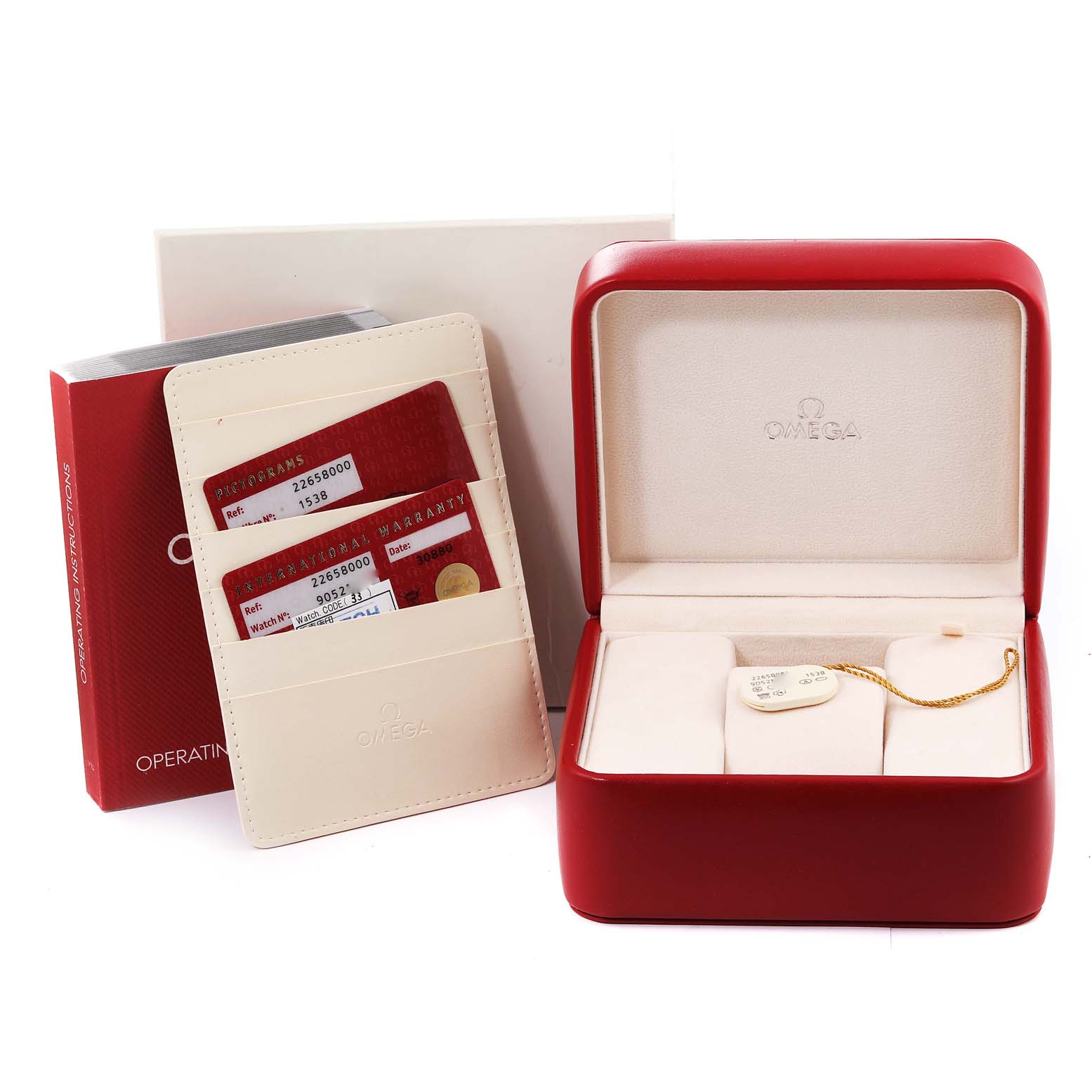 The image shows the packaging, warranty cards, and operating instructions for an Omega Seamaster 2265.80.00 Men's Stainless Steel Blue Dial 2265.80.00 Men's Stainless Steel Blue Dial watch.