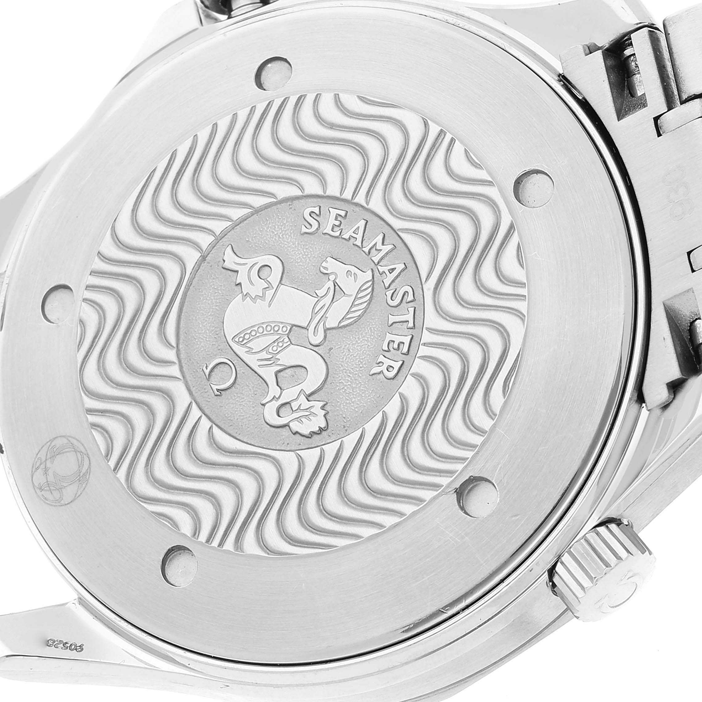 The image shows the back case of an Omega Seamaster 2265.80.00 Men's Stainless Steel Blue Dial 2265.80.00 Men's Stainless Steel Blue Dial watch, highlighting its engraved emblem and detailed design.