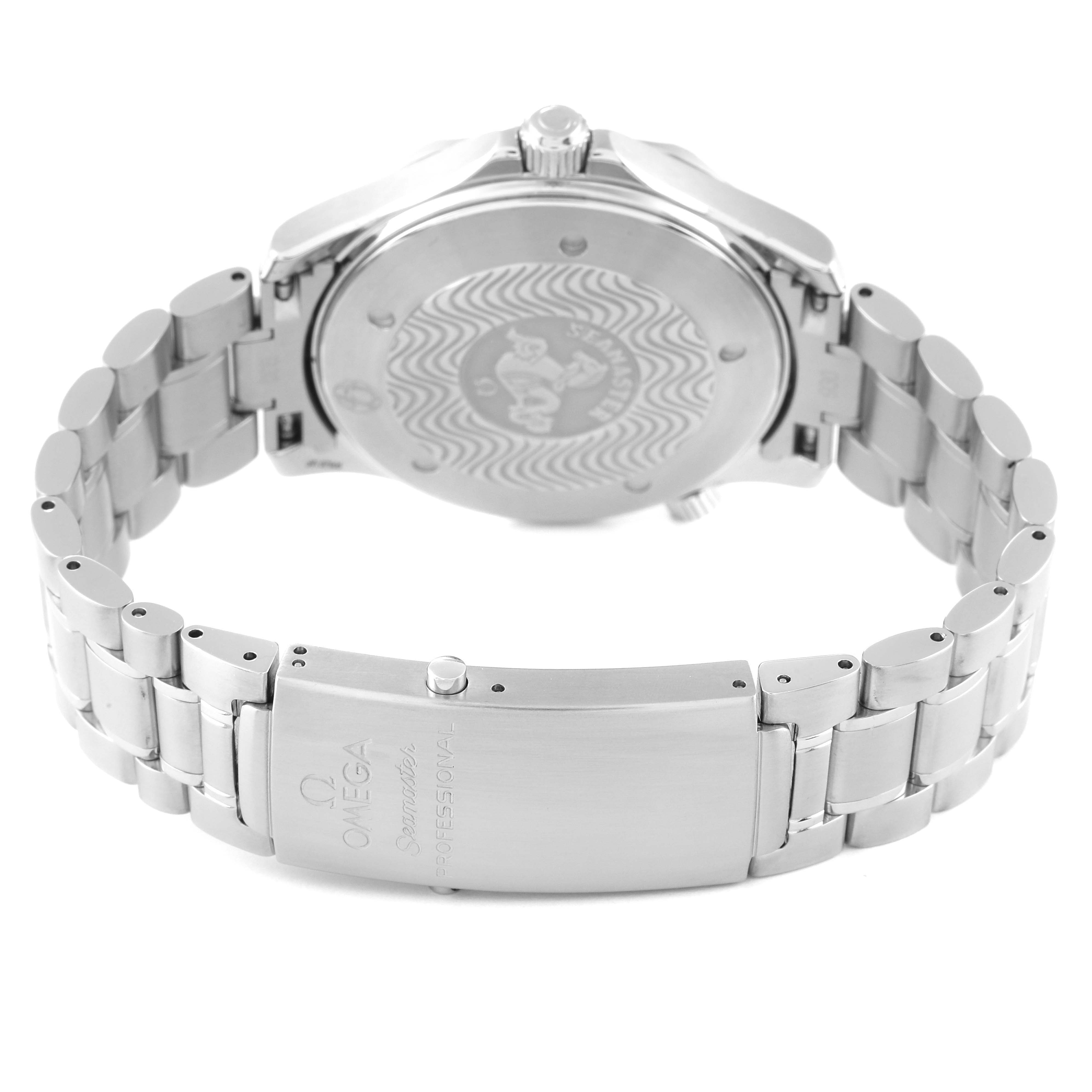 The image shows the back and clasp of an Omega Seamaster 2265.80.00 Men's Stainless Steel Blue Dial 2265.80.00 Men's Stainless Steel Blue Dial watch, highlighting the case back and metal bracelet.