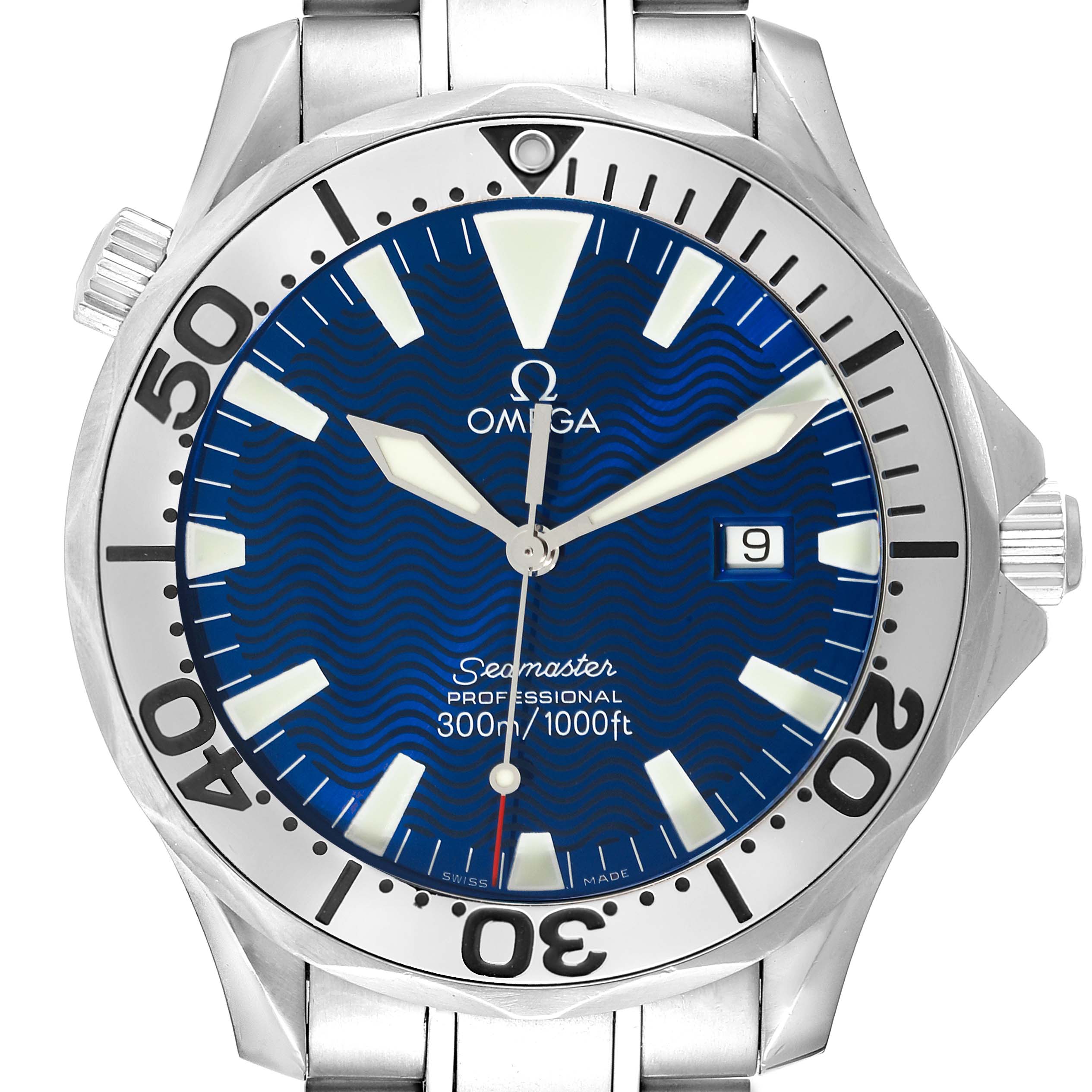 This image shows a frontal close-up of the Omega Seamaster 2265.80.00 Men's Stainless Steel Blue Dial 2265.80.00 Men's Stainless Steel Blue Dial watch, displaying its blue dial, date window, and the bezel with minute markers.