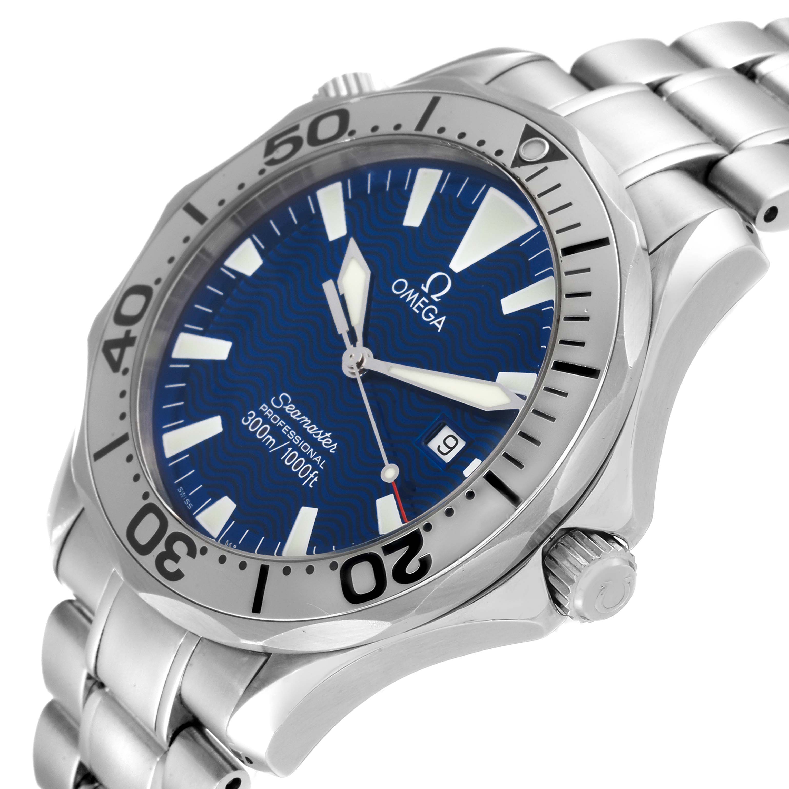 The Omega Seamaster 2265.80.00 Men's Stainless Steel Blue Dial 2265.80.00 Men's Stainless Steel Blue Dial watch is shown at an angled close-up, displaying its bezel, dial, crown, and part of its bracelet.