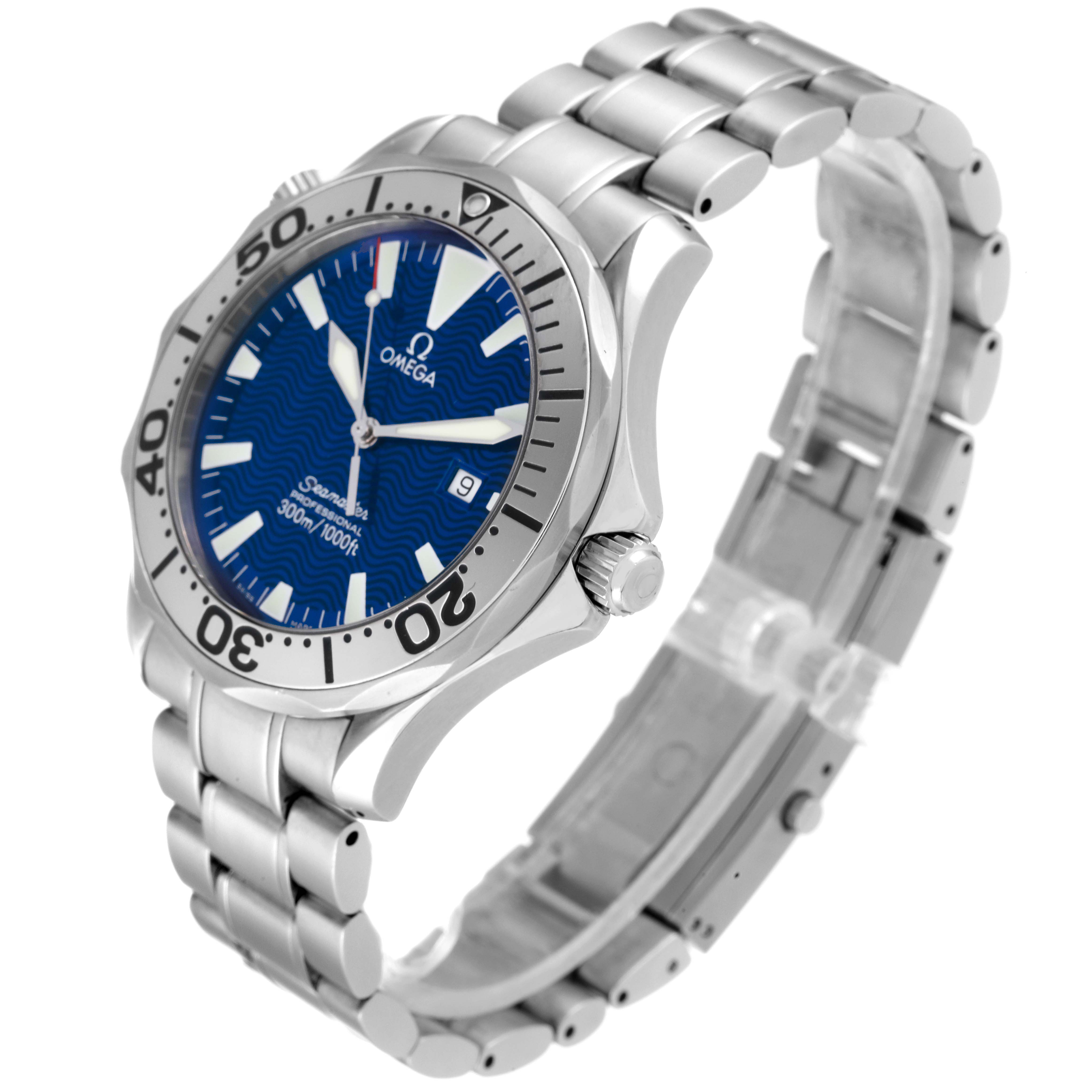 The Omega Seamaster 2265.80.00 Men's Stainless Steel Blue Dial 2265.80.00 Men's Stainless Steel Blue Dial watch is shown at a three-quarter angle, highlighting its blue dial, bezel, and stainless steel bracelet.