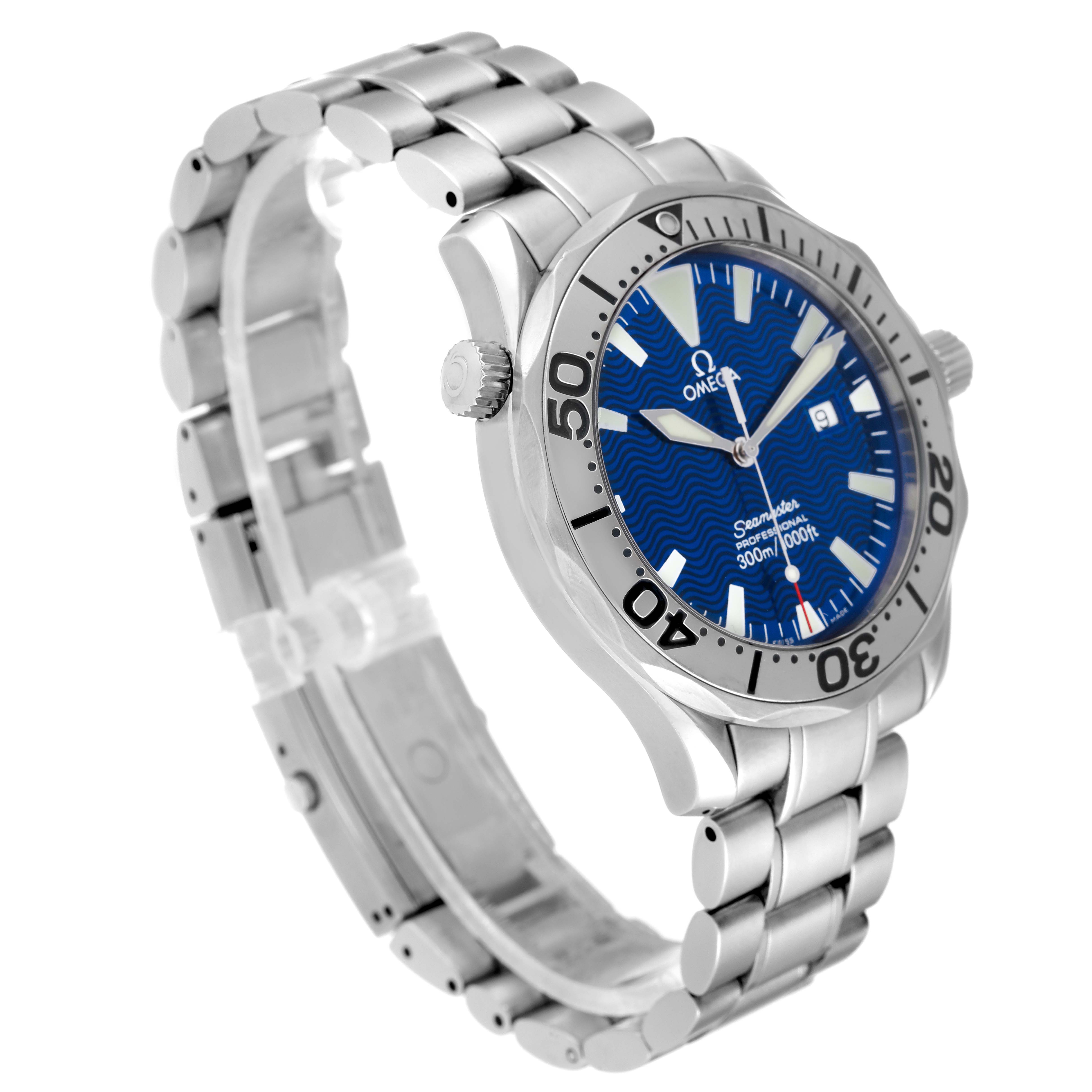 The Omega Seamaster 2265.80.00 Men's Stainless Steel Blue Dial 2265.80.00 Men's Stainless Steel Blue Dial watch is shown at a three-quarter angle, displaying the stainless steel bracelet, bezel, crown, and blue dial.