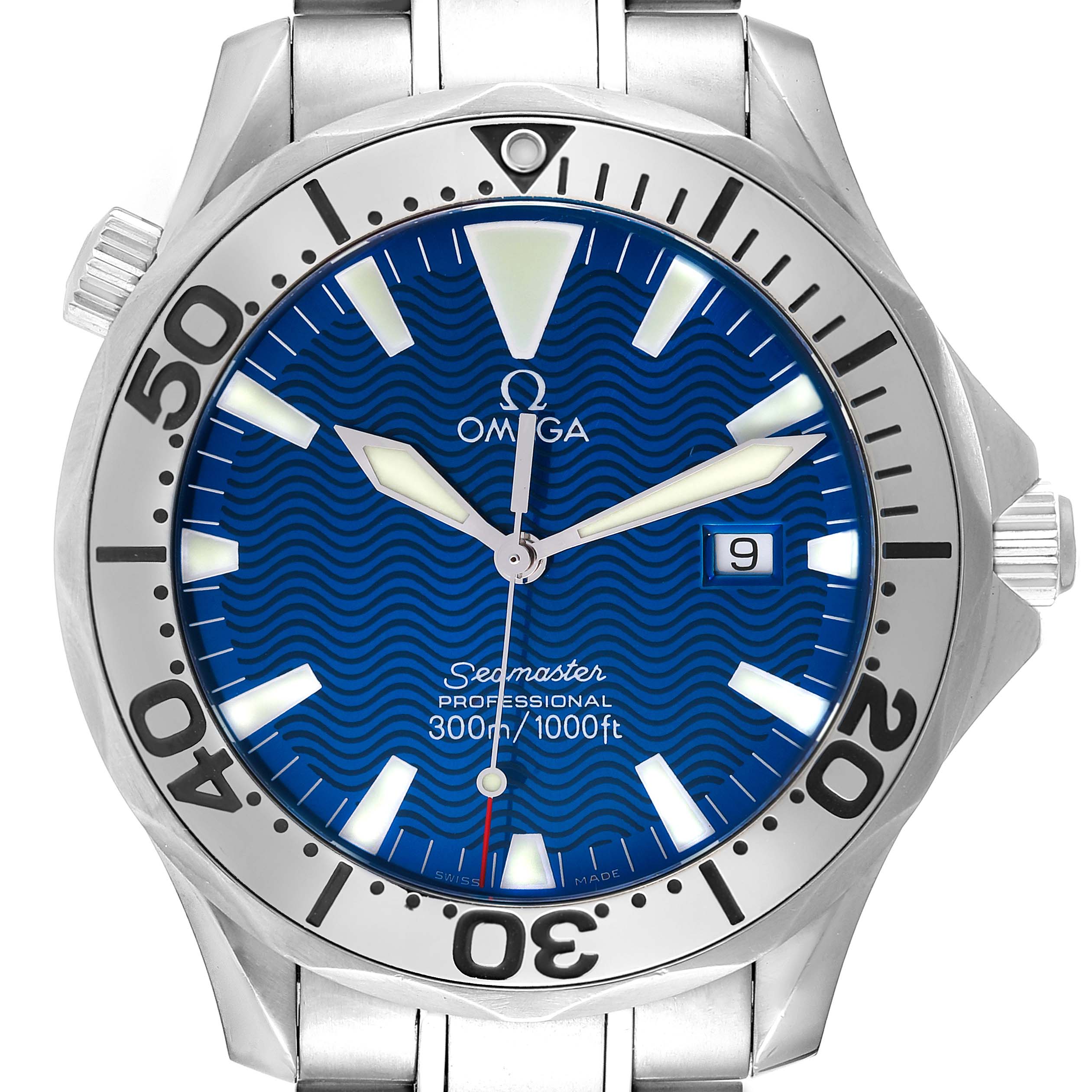 This Omega Seamaster 2265.80.00 Men's Stainless Steel Blue Dial 2265.80.00 Men's Stainless Steel Blue Dial model watch is shown from a front angle highlighting the dial, bezel, and part of the bracelet.
