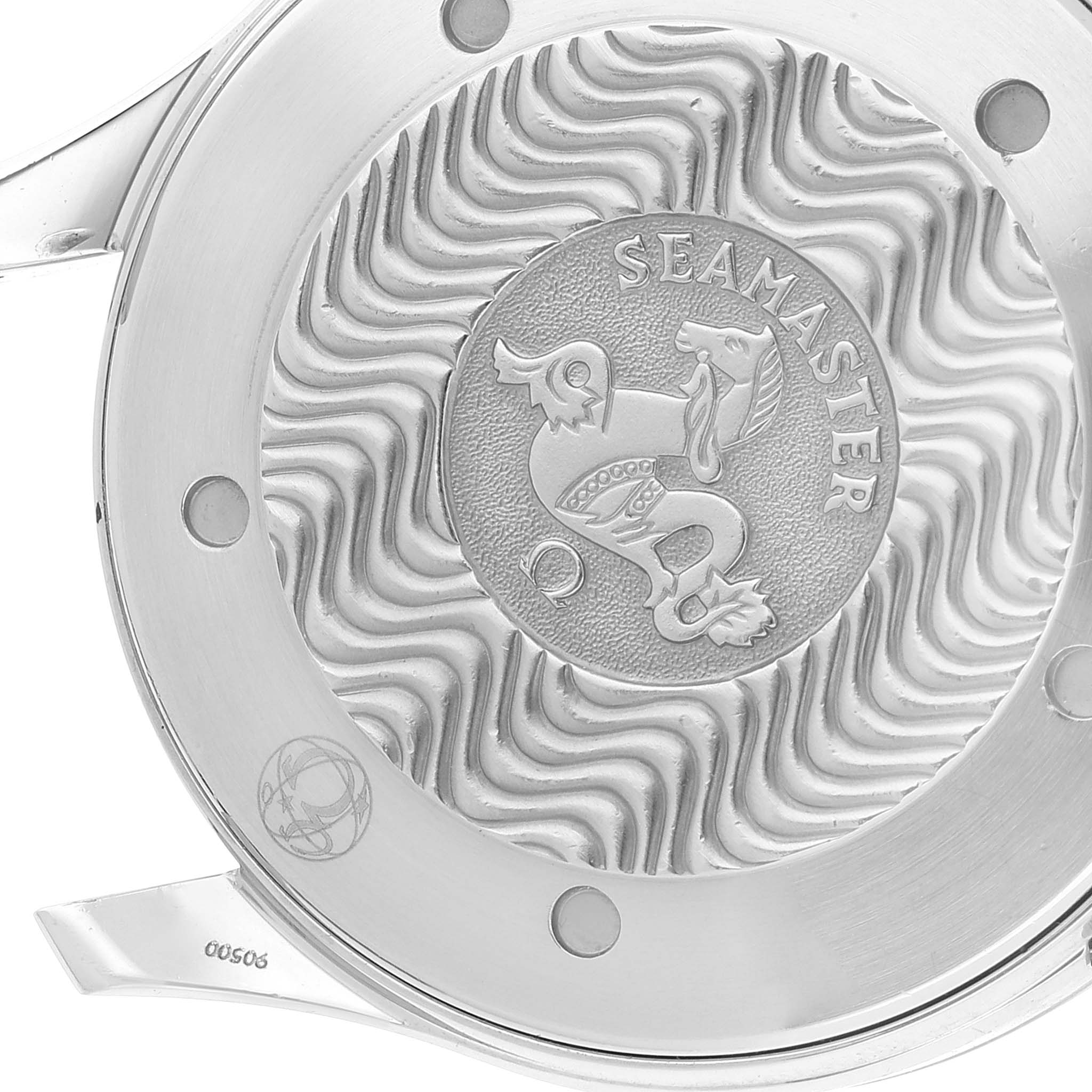 This is a close-up view of the case back of the Omega Seamaster 2265.80.00 Men's Stainless Steel Blue Dial 2265.80.00 Men's Stainless Steel Blue Dial watch.