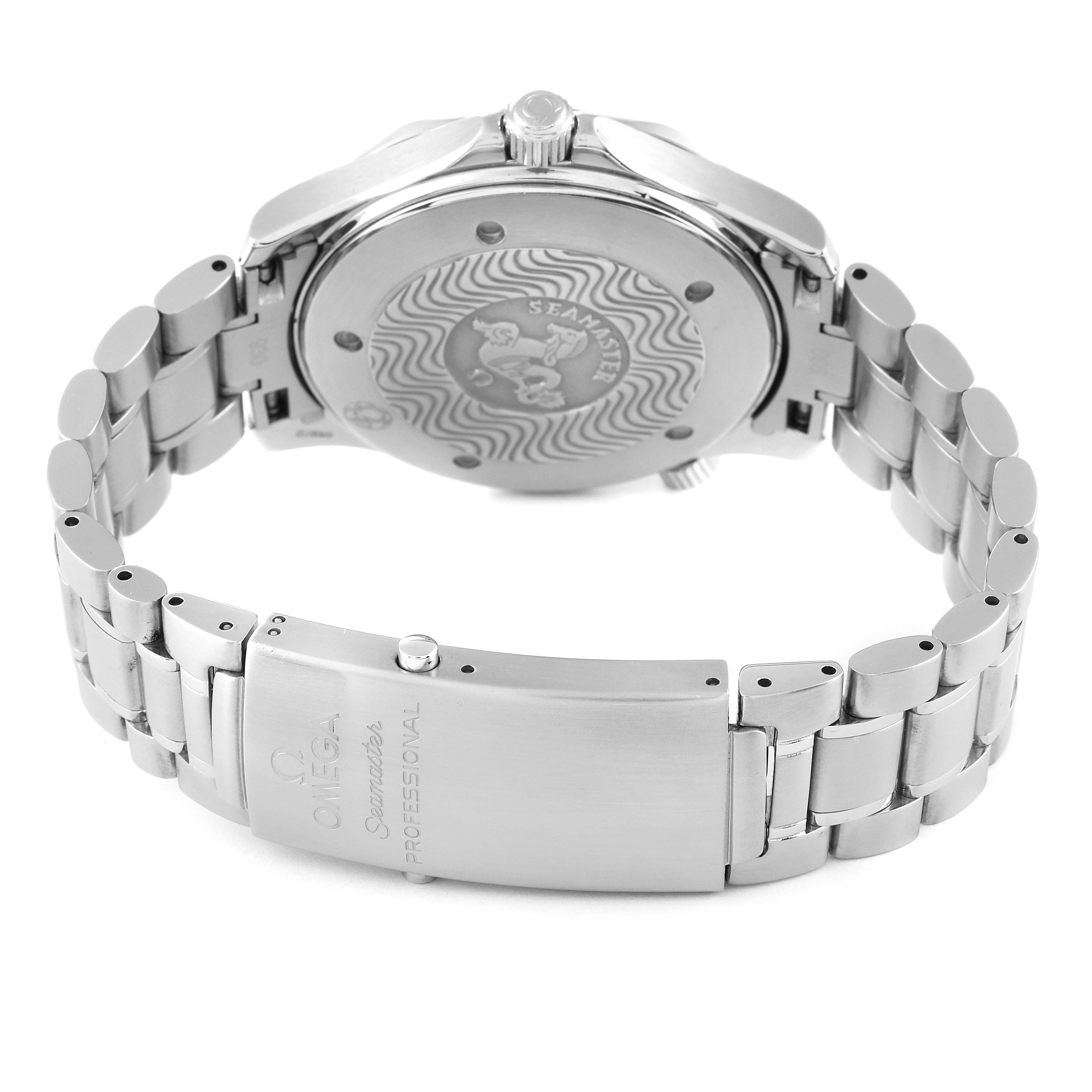 The image shows the back and bracelet of an Omega Seamaster 2265.80.00 Men's Stainless Steel Blue Dial 2265.80.00 Men's Stainless Steel Blue Dial watch, highlighting the case back and clasp.