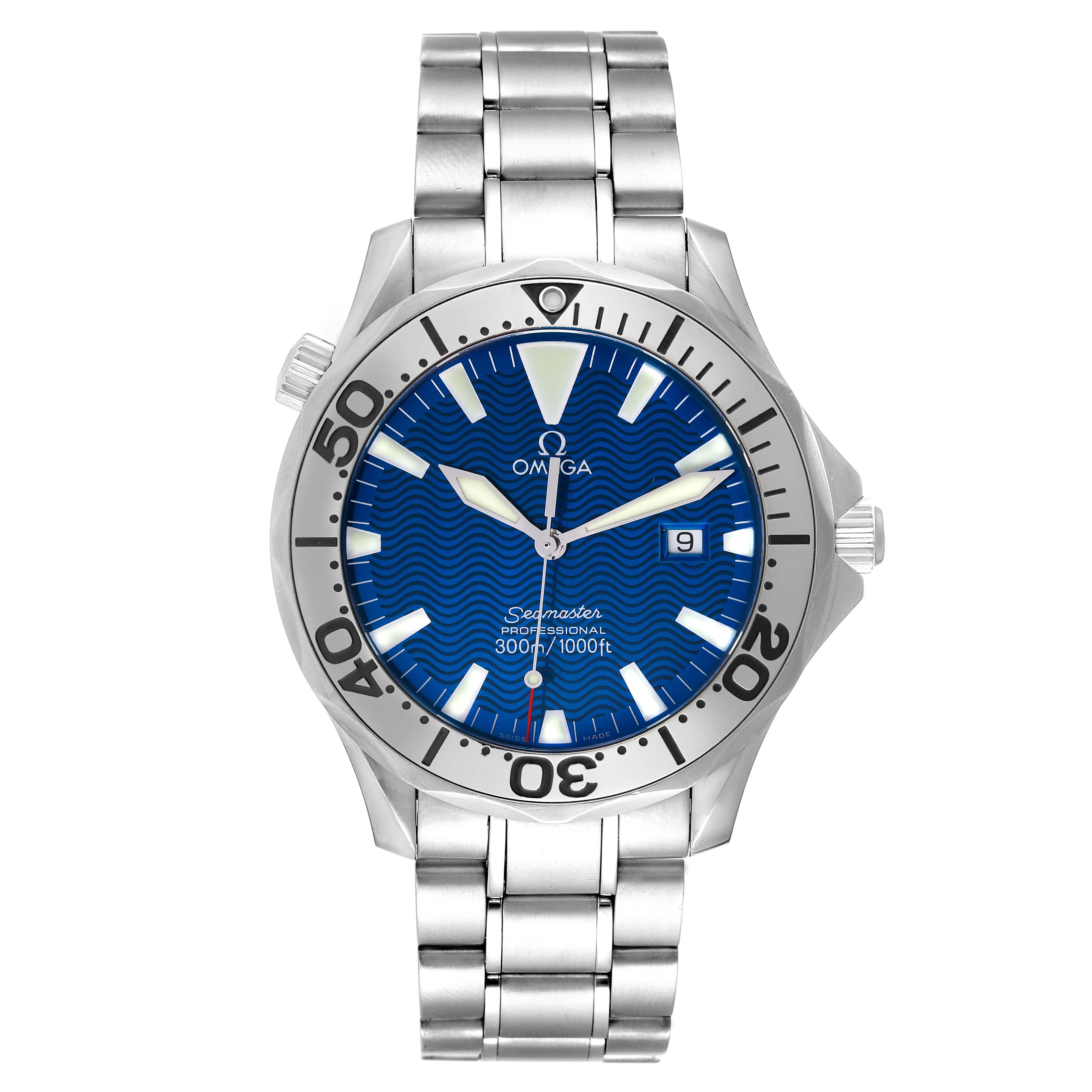 The image shows a front view of the Omega Seamaster 2265.80.00 Men's Stainless Steel Blue Dial 2265.80.00 Men's Stainless Steel Blue Dial watch, highlighting the dial, bezel, and bracelet.