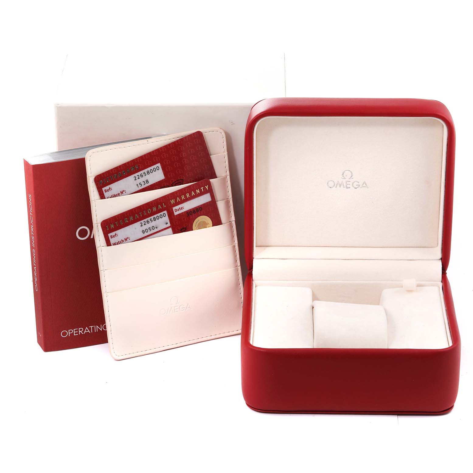 The image shows the packaging and warranty cards for an Omega Seamaster 2265.80.00 Men's Stainless Steel Blue Dial 2265.80.00 Men's Stainless Steel Blue Dial, including the warranty card holder, red watch box, and operating instructions.