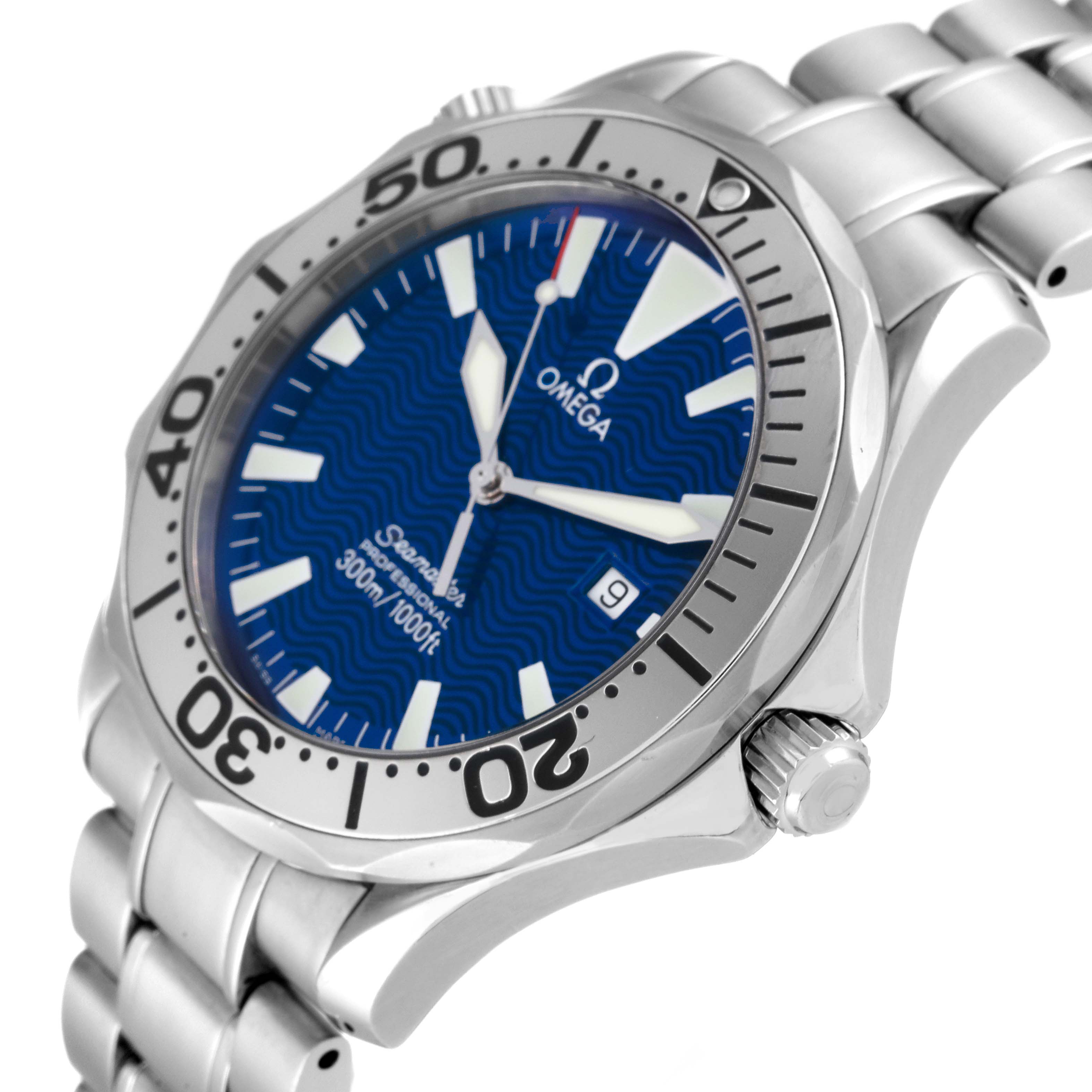 This image shows a side view of the Omega Seamaster 2265.80.00 Men's Stainless Steel Blue Dial 2265.80.00 Men's Stainless Steel Blue Dial watch, highlighting its blue dial, bezel, crown, and stainless steel bracelet.