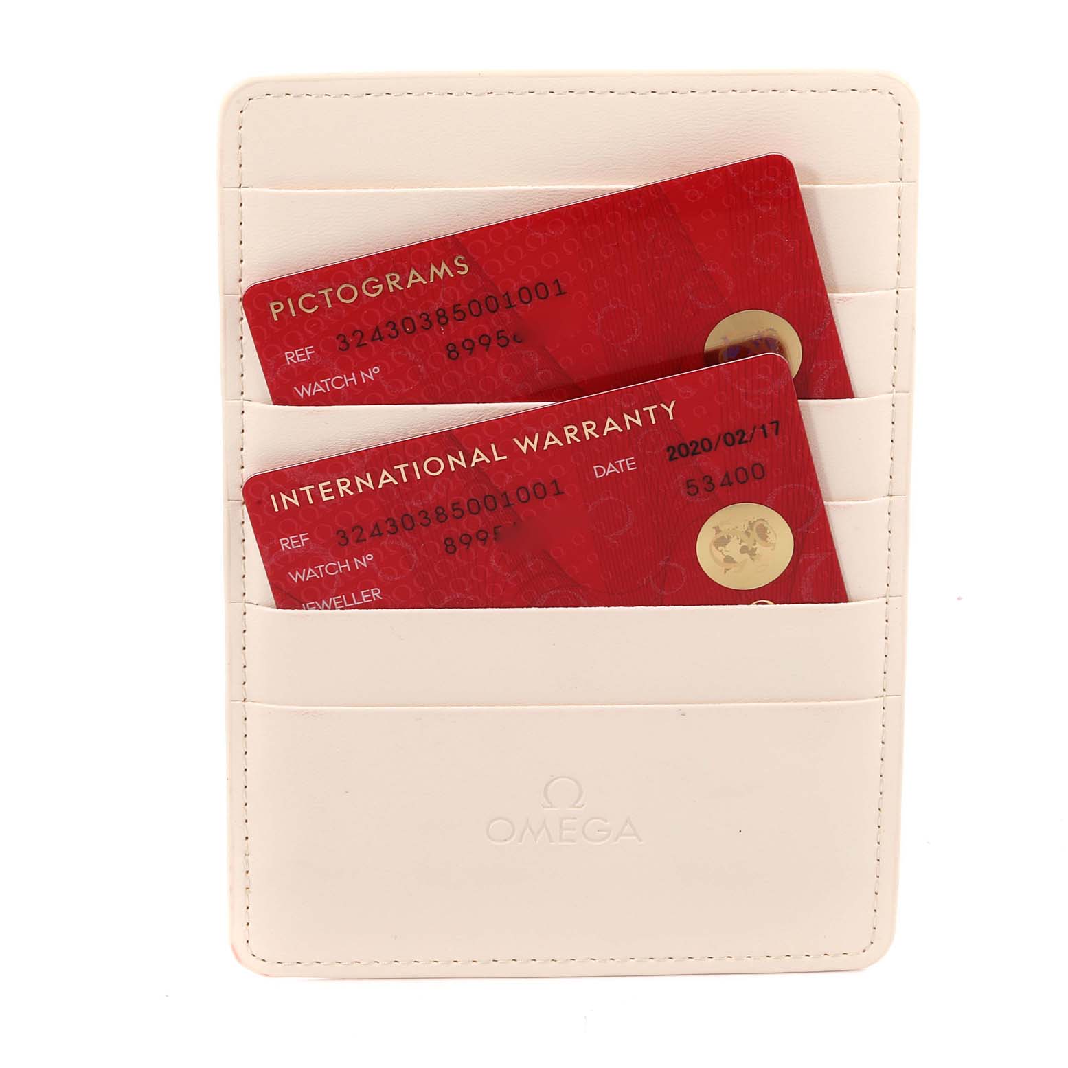 The image shows an Omega Speedmaster 324.30.38.50.01.001 Men
s Stainless Steel Black Dial 324.30.38.50.01.001 Men
s Stainless Steel Black Dial
s warranty and pictograms cards in a white Omega cardholder.