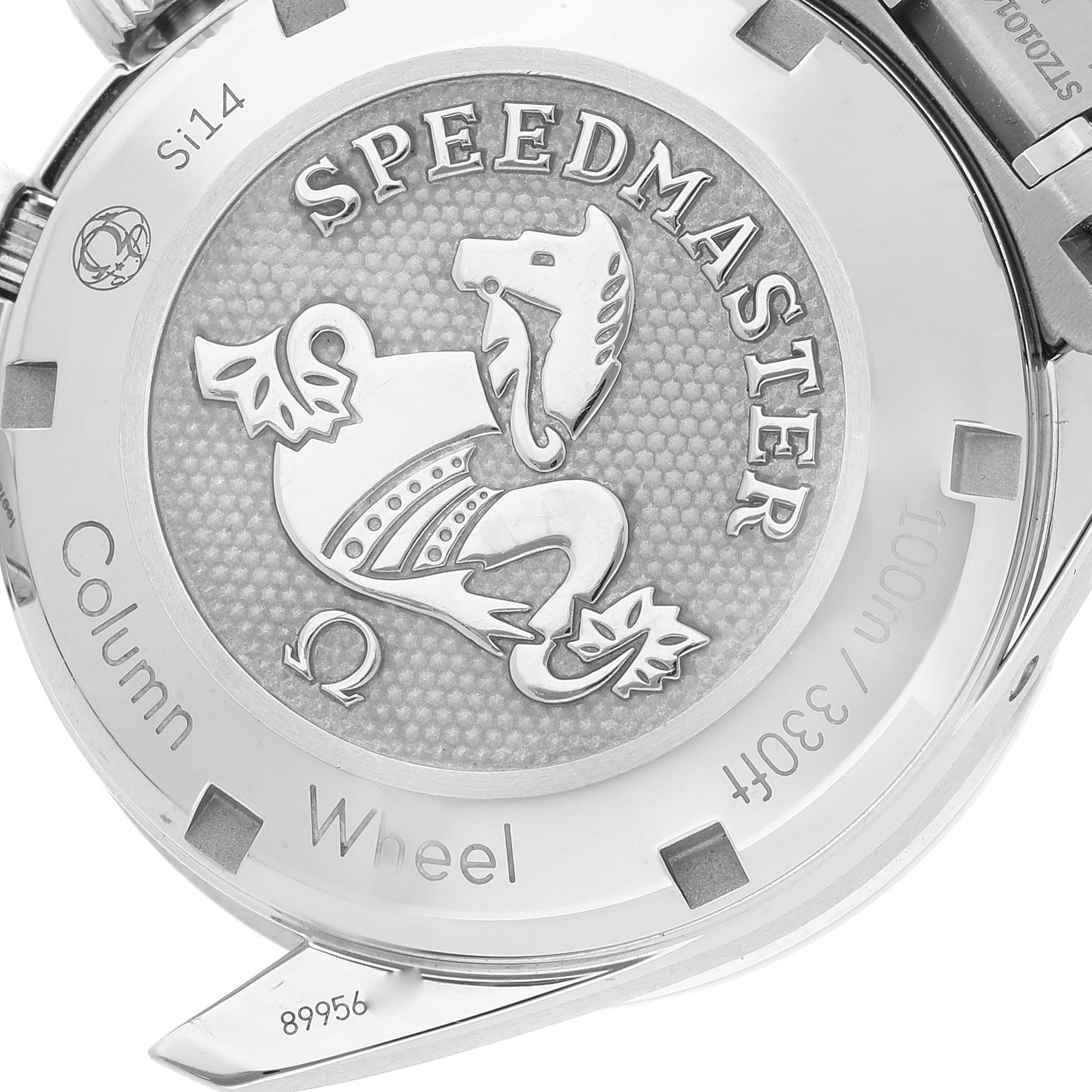 This image shows the back case of an Omega Speedmaster 324.30.38.50.01.001 Men
s Stainless Steel Black Dial 324.30.38.50.01.001 Men
s Stainless Steel Black Dial watch, featuring engravings and the Speedmaster logo.