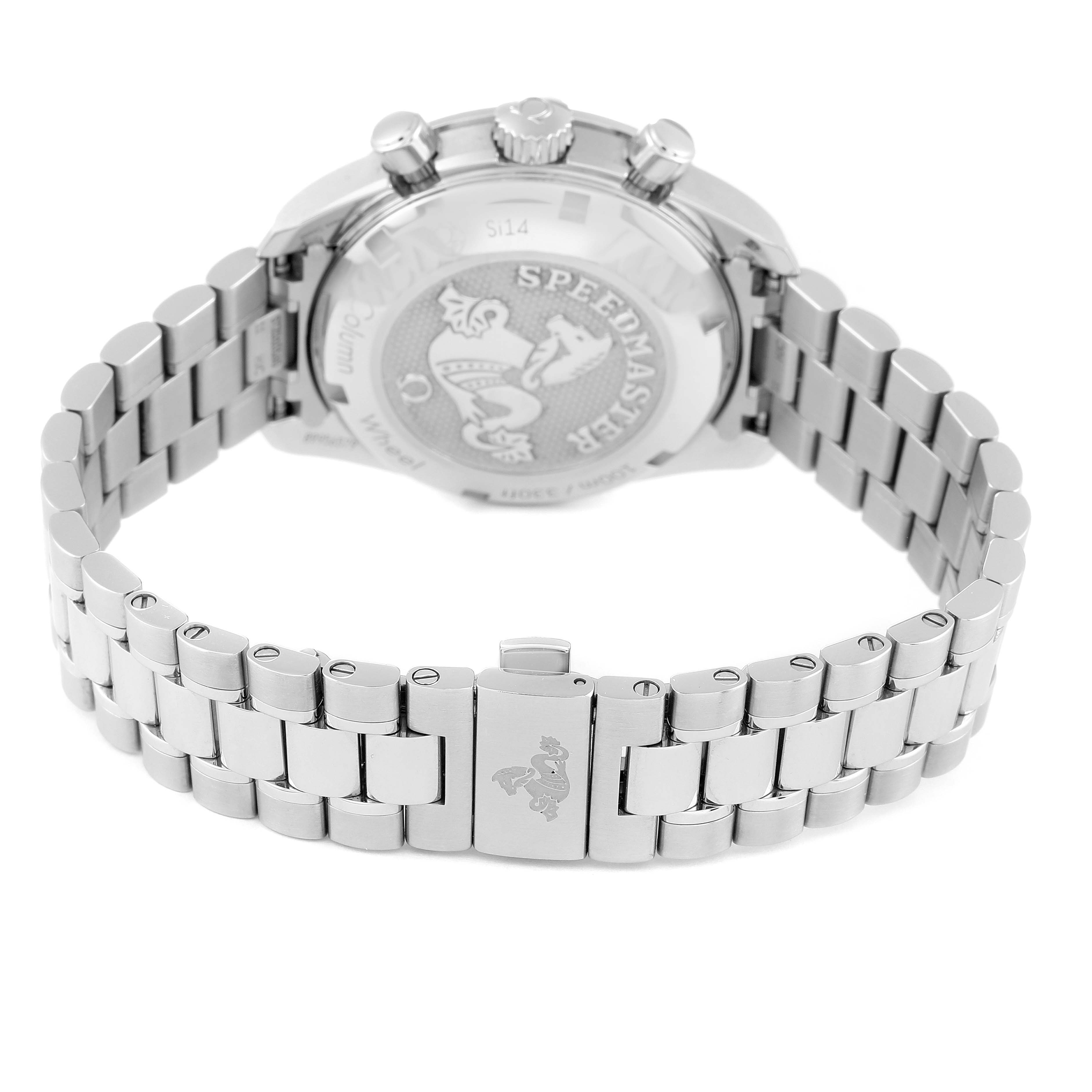 The image shows the back case and stainless steel bracelet of the Omega Speedmaster 324.30.38.50.01.001 Men
s Stainless Steel Black Dial 324.30.38.50.01.001 Men
s Stainless Steel Black Dial watch from a rear angle.