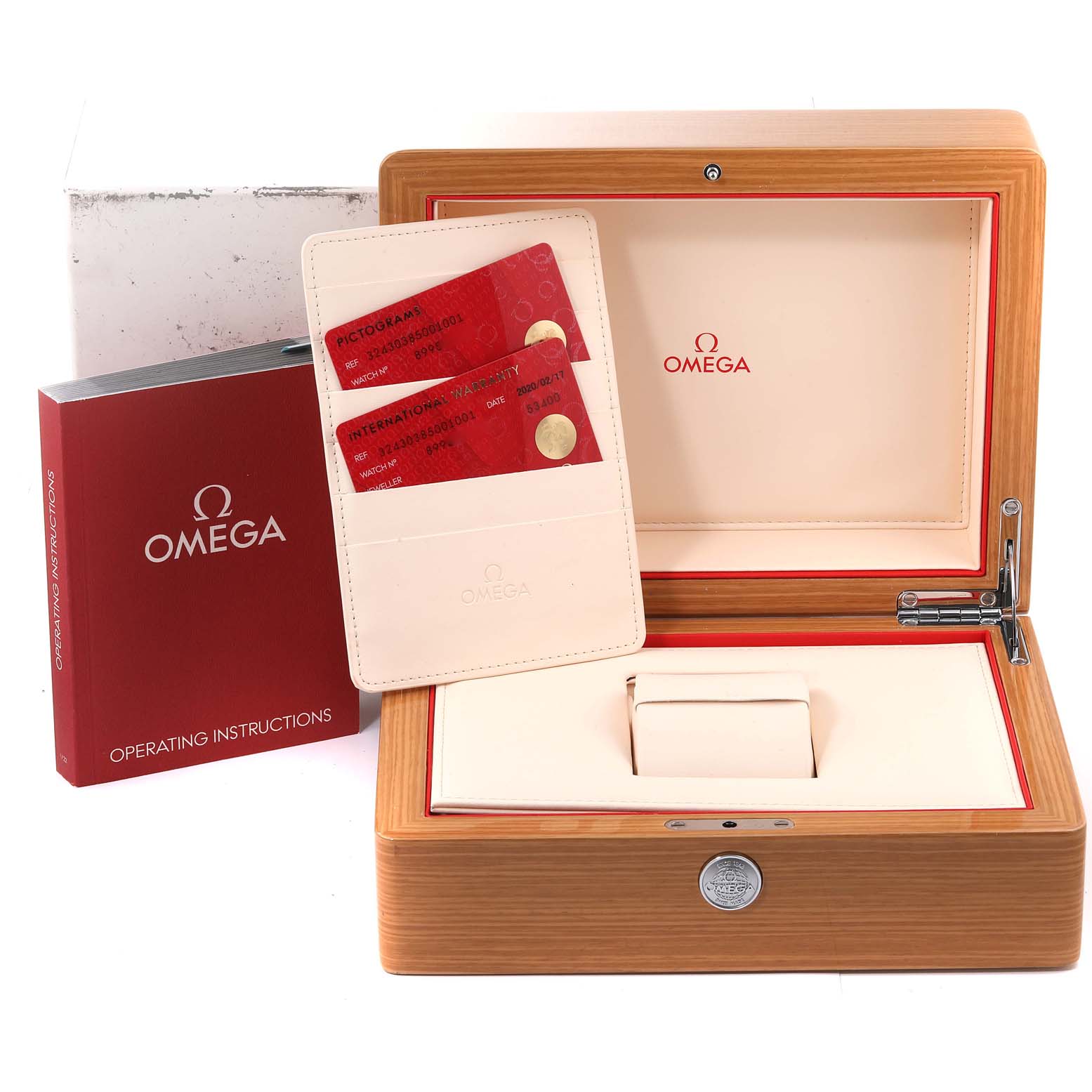 The image shows the Omega Speedmaster 324.30.38.50.01.001 Men
s Stainless Steel Black Dial 324.30.38.50.01.001 Men
s Stainless Steel Black Dial watch box, cards, and operating instructions from a front angle.