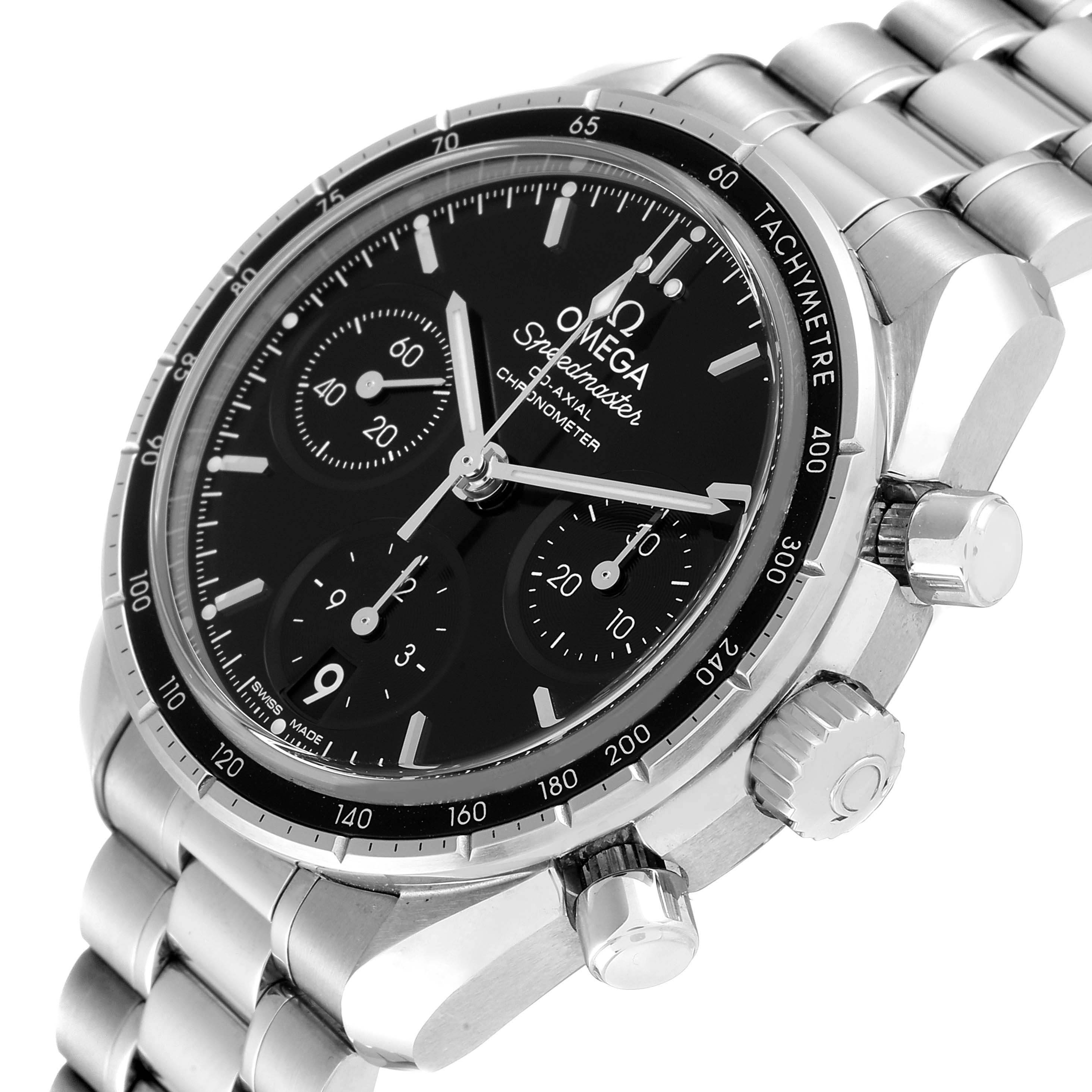 The image shows a close-up angled view of an Omega Speedmaster 324.30.38.50.01.001 Men
s Stainless Steel Black Dial 324.30.38.50.01.001 Men
s Stainless Steel Black Dial watch, highlighting the dial, bezel, and crown.