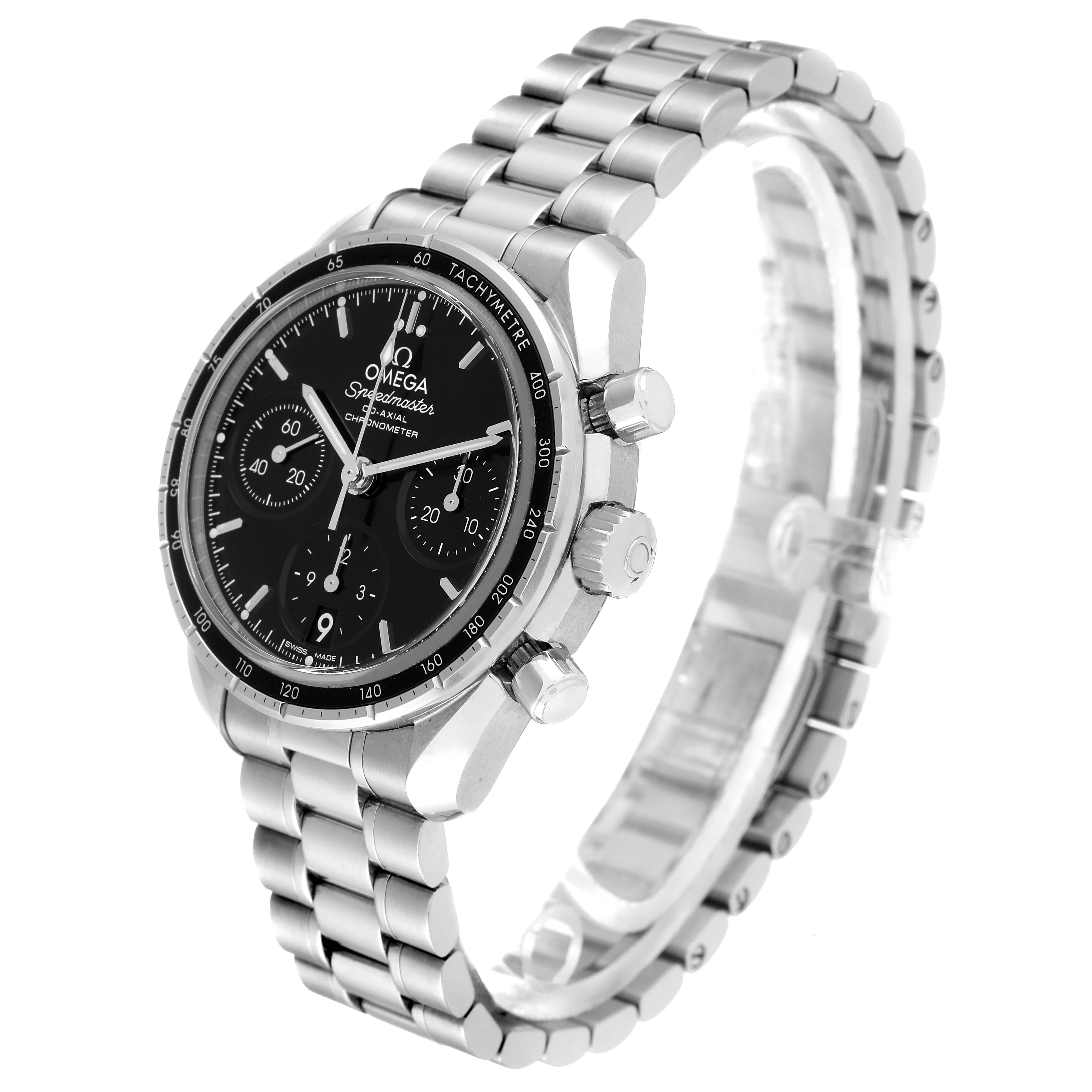 The Omega Speedmaster 324.30.38.50.01.001 Men
s Stainless Steel Black Dial 324.30.38.50.01.001 Men
s Stainless Steel Black Dial watch is shown from an angled perspective, highlighting the face, bezel, crown, pushers, and bracelet.