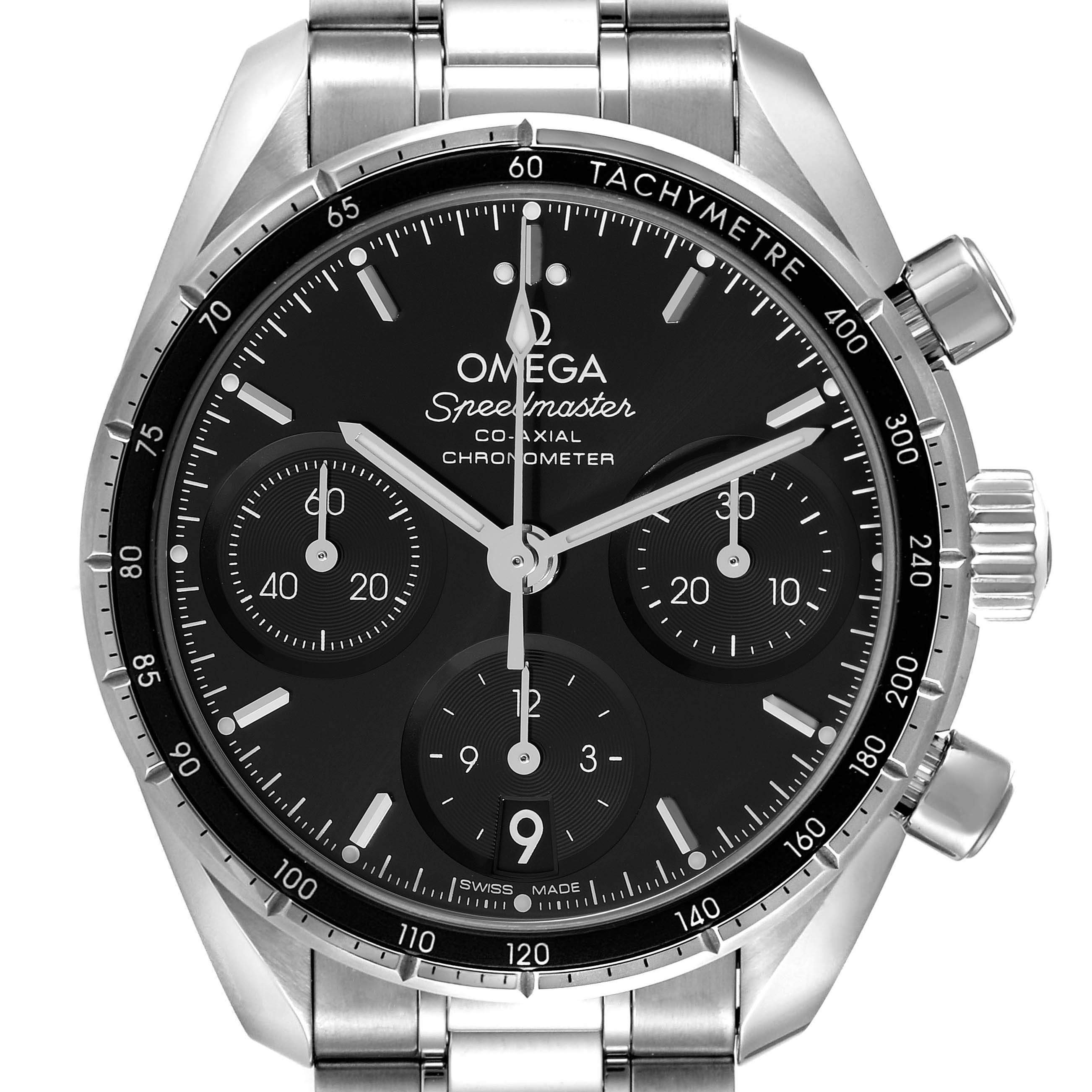 The image shows a front view of the Omega Speedmaster 324.30.38.50.01.001 Men
s Stainless Steel Black Dial 324.30.38.50.01.001 Men
s Stainless Steel Black Dial Co-Axial Chronometer watch, displaying its black dial, tachymeter bezel, and sub-dials.