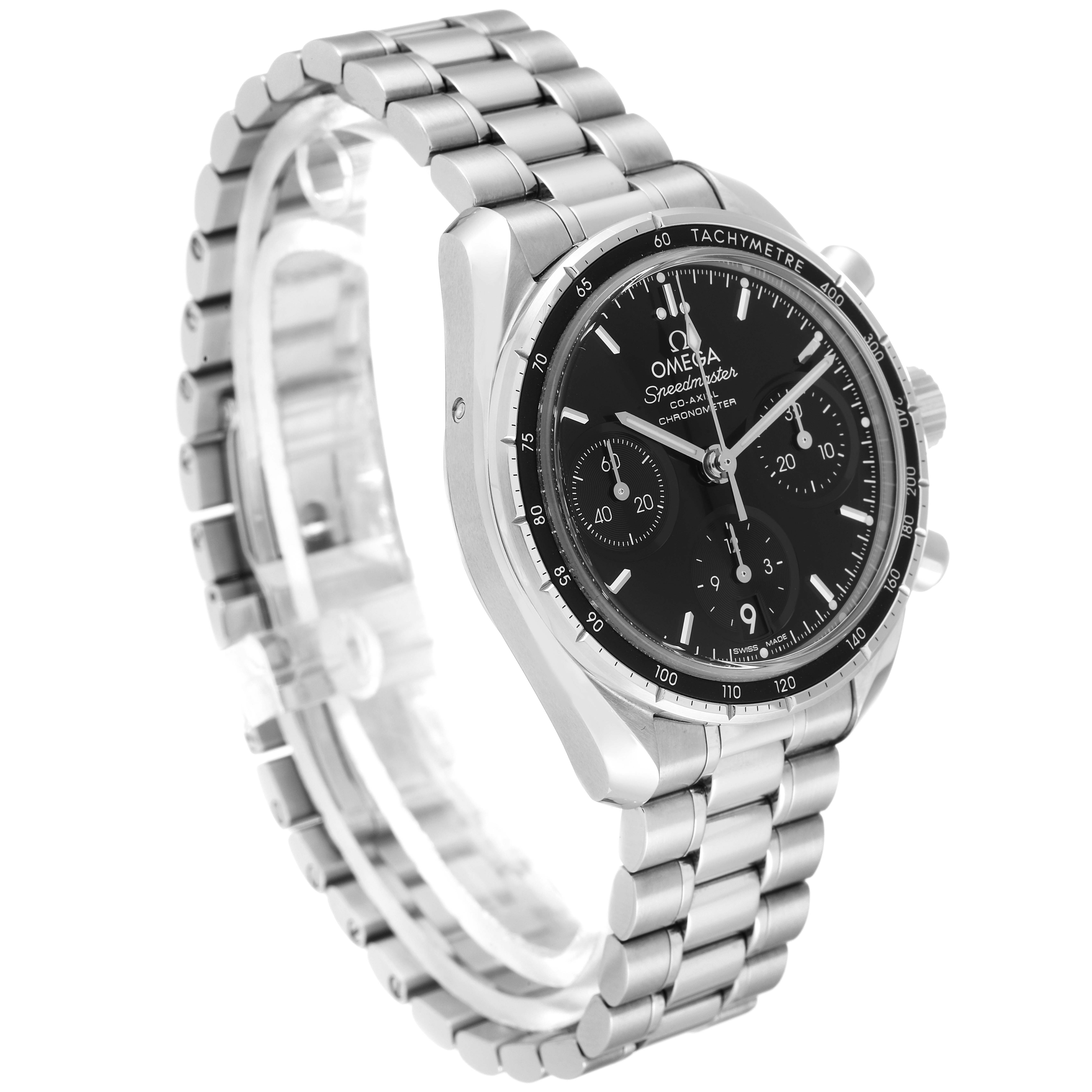 The image shows an Omega Speedmaster 324.30.38.50.01.001 Men
s Stainless Steel Black Dial 324.30.38.50.01.001 Men
s Stainless Steel Black Dial watch at an angled side view, displaying its black dial, chronograph subdials, and stainless steel bracelet.