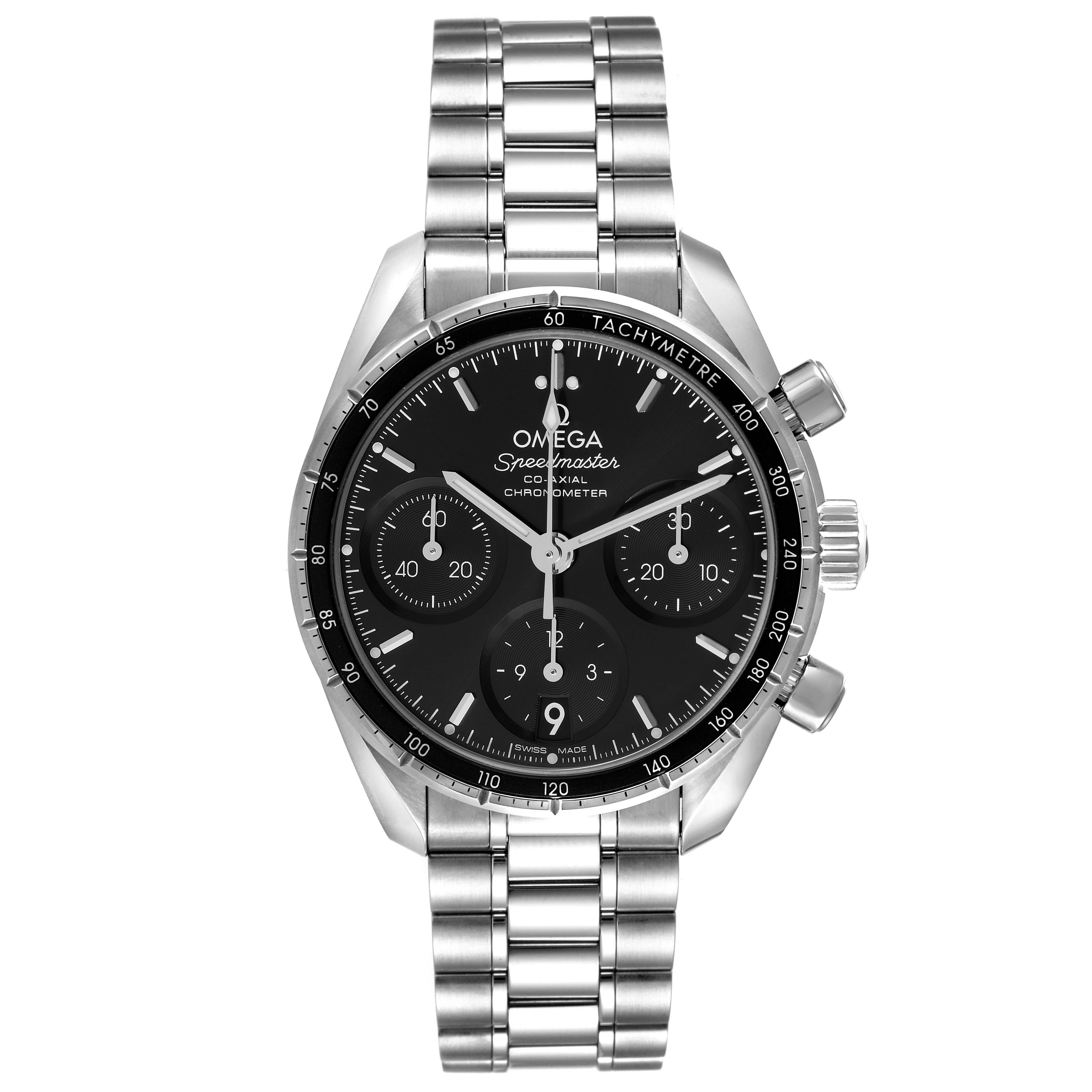The image shows a front view of the Omega Speedmaster 324.30.38.50.01.001 Men
s Stainless Steel Black Dial 324.30.38.50.01.001 Men
s Stainless Steel Black Dial, highlighting its black dial, tachymeter bezel, and stainless steel bracelet.