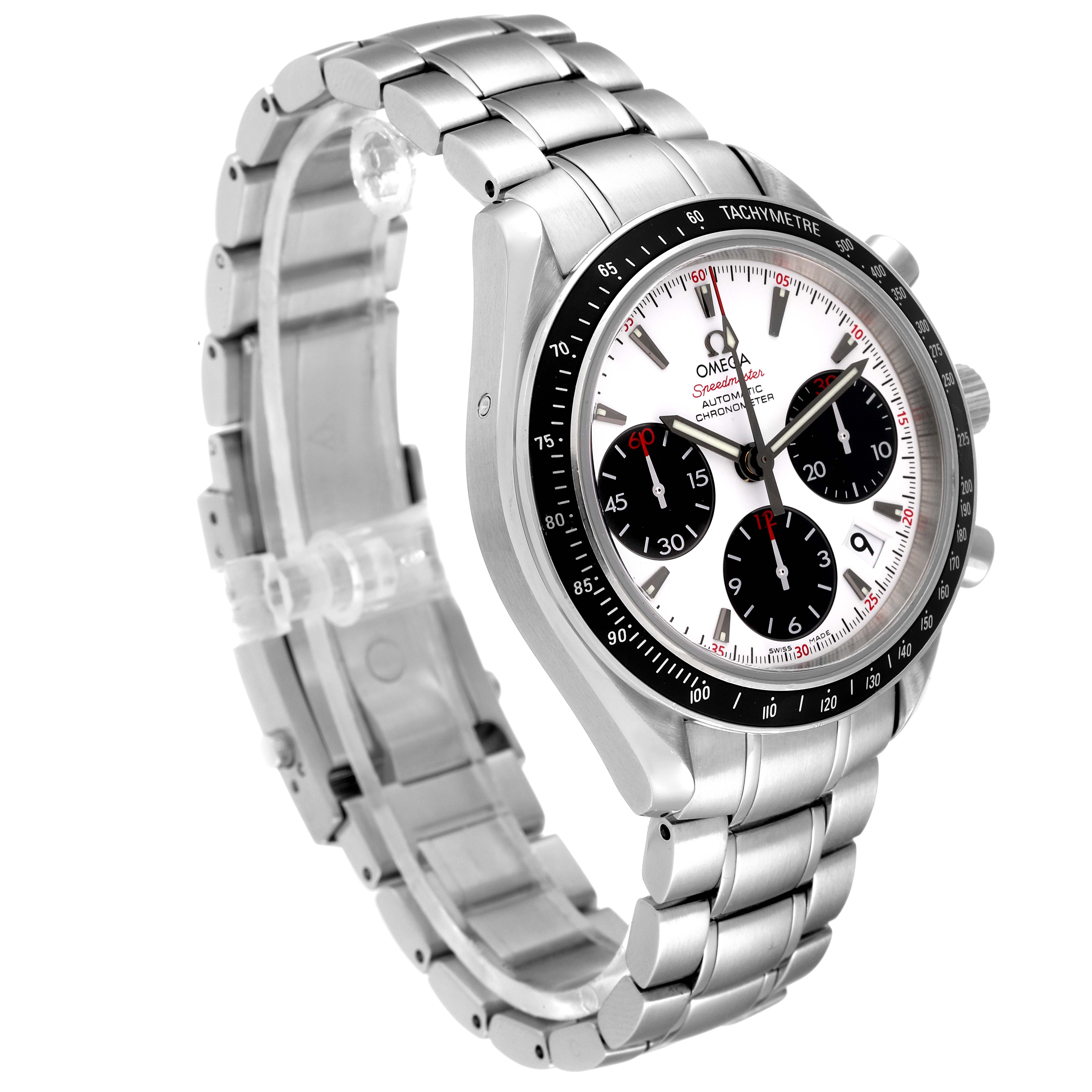 The Omega Speedmaster 323.30.40.40.04.001 Men's Stainless Steel White Dial 323.30.40.40.04.001 Men's Stainless Steel White Dial is shown at a three-quarter angle, highlighting its stainless steel bracelet, chronograph subdials, and tachymeter bezel.