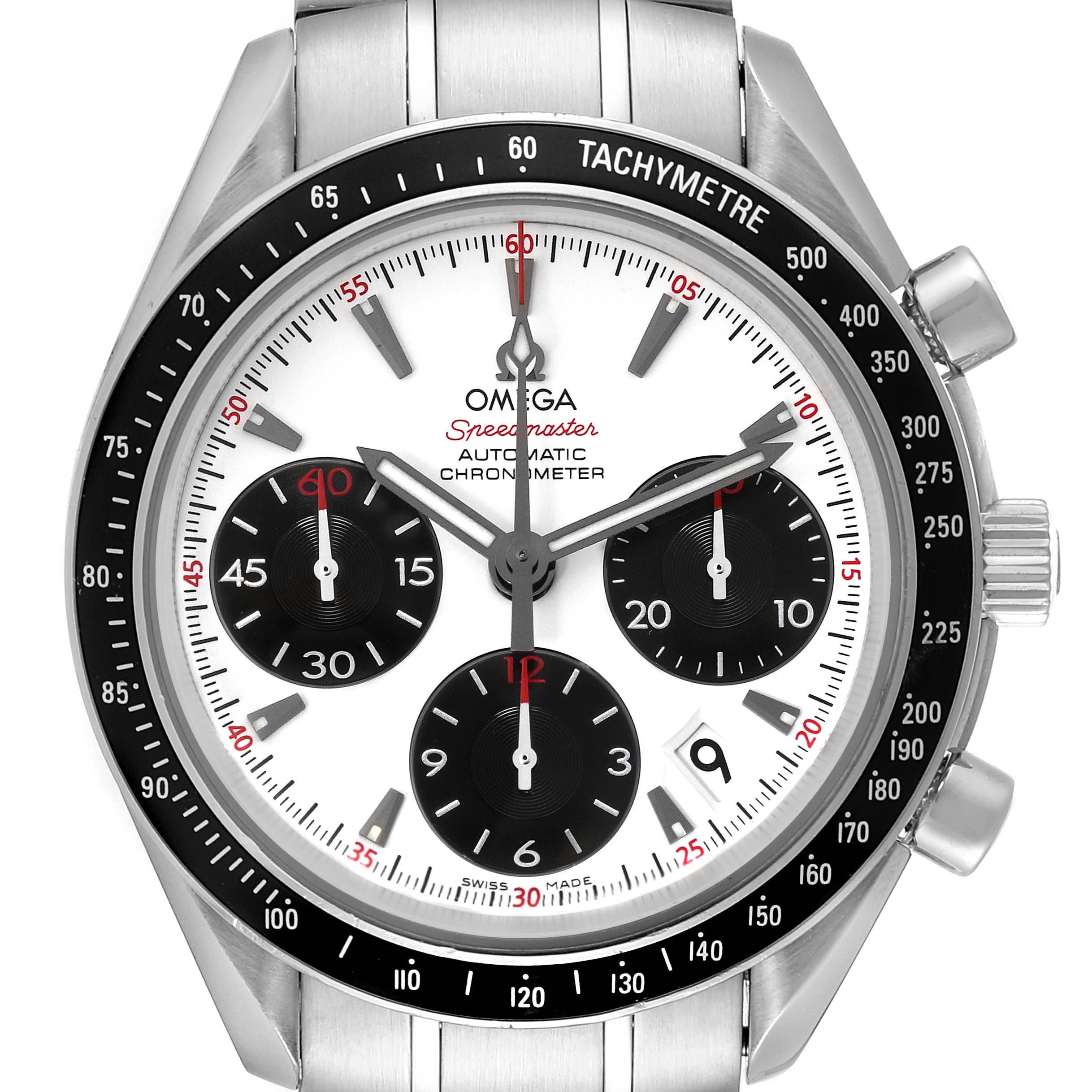 The Omega Speedmaster 323.30.40.40.04.001 Men's Stainless Steel White Dial 323.30.40.40.04.001 Men's Stainless Steel White Dial watch is shown from a front angle, displaying the dial, chronograph subdials, hands, tachymeter bezel, and partial bracelet.