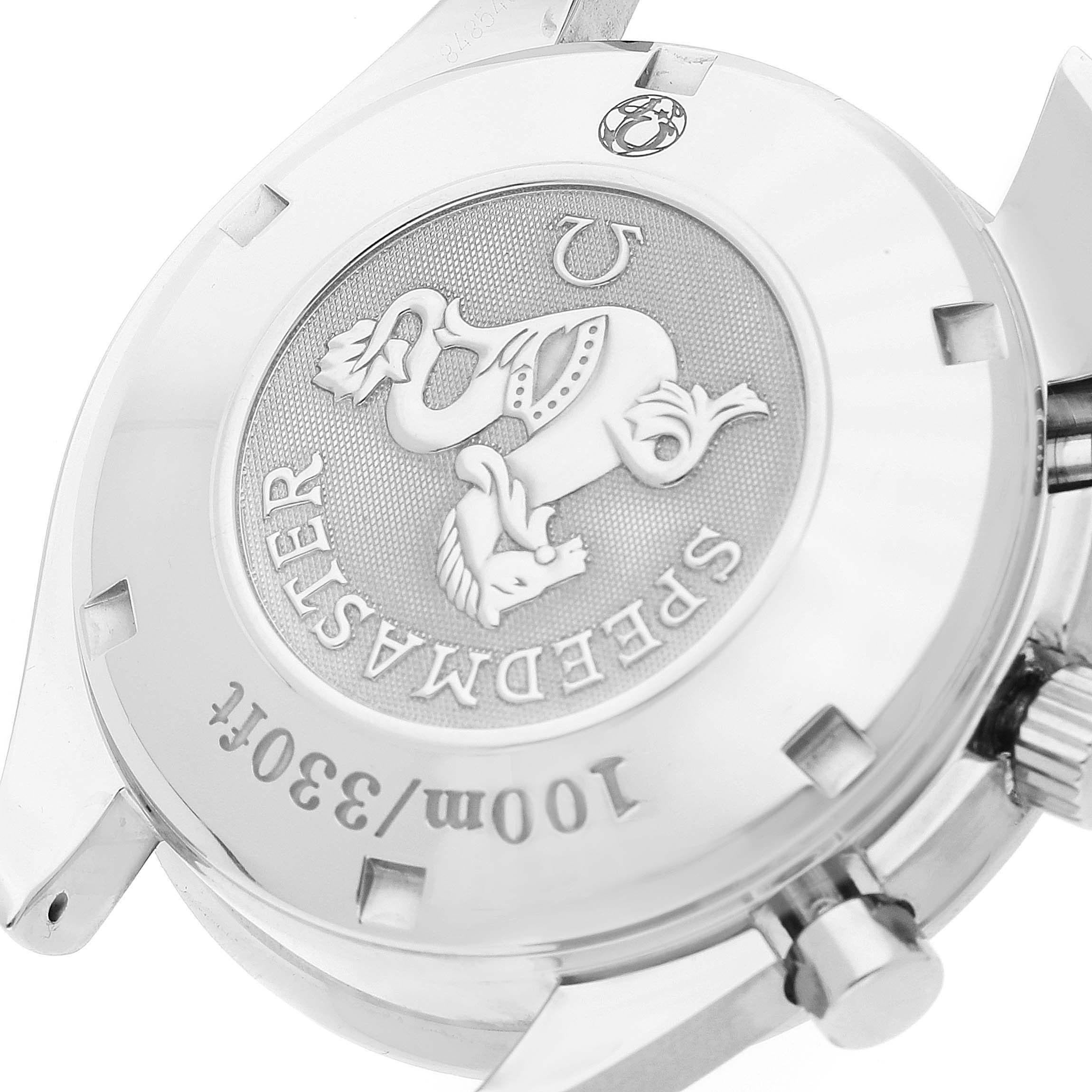 This image shows the engraved case back of an Omega Speedmaster 323.30.40.40.04.001 Men's Stainless Steel White Dial 323.30.40.40.04.001 Men's Stainless Steel White Dial watch, highlighting the logo and water resistance mark.