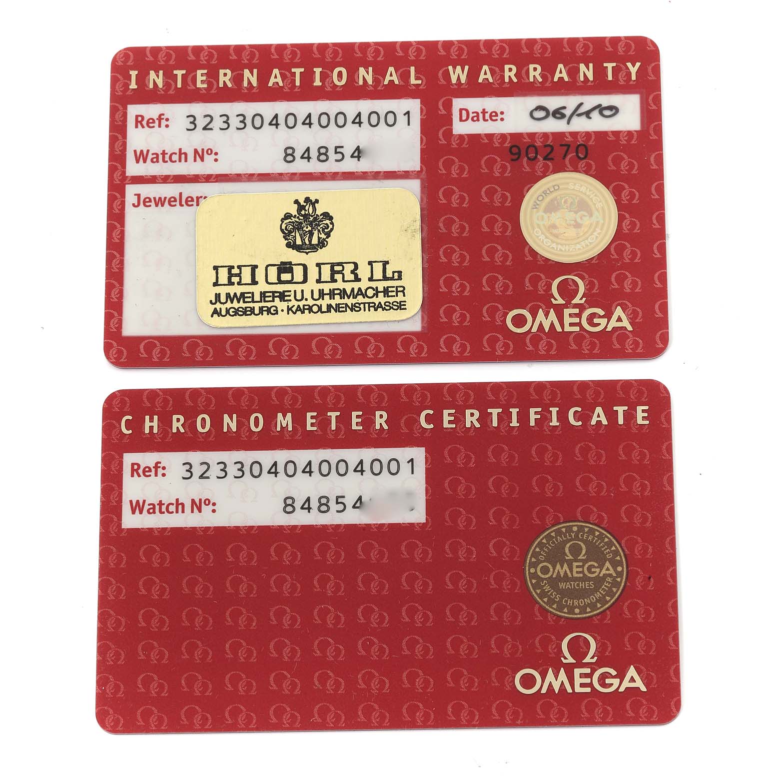 The image shows the International Warranty and Chronometer Certificate cards for an Omega Speedmaster 323.30.40.40.04.001 Men's Stainless Steel White Dial 323.30.40.40.04.001 Men's Stainless Steel White Dial watch.