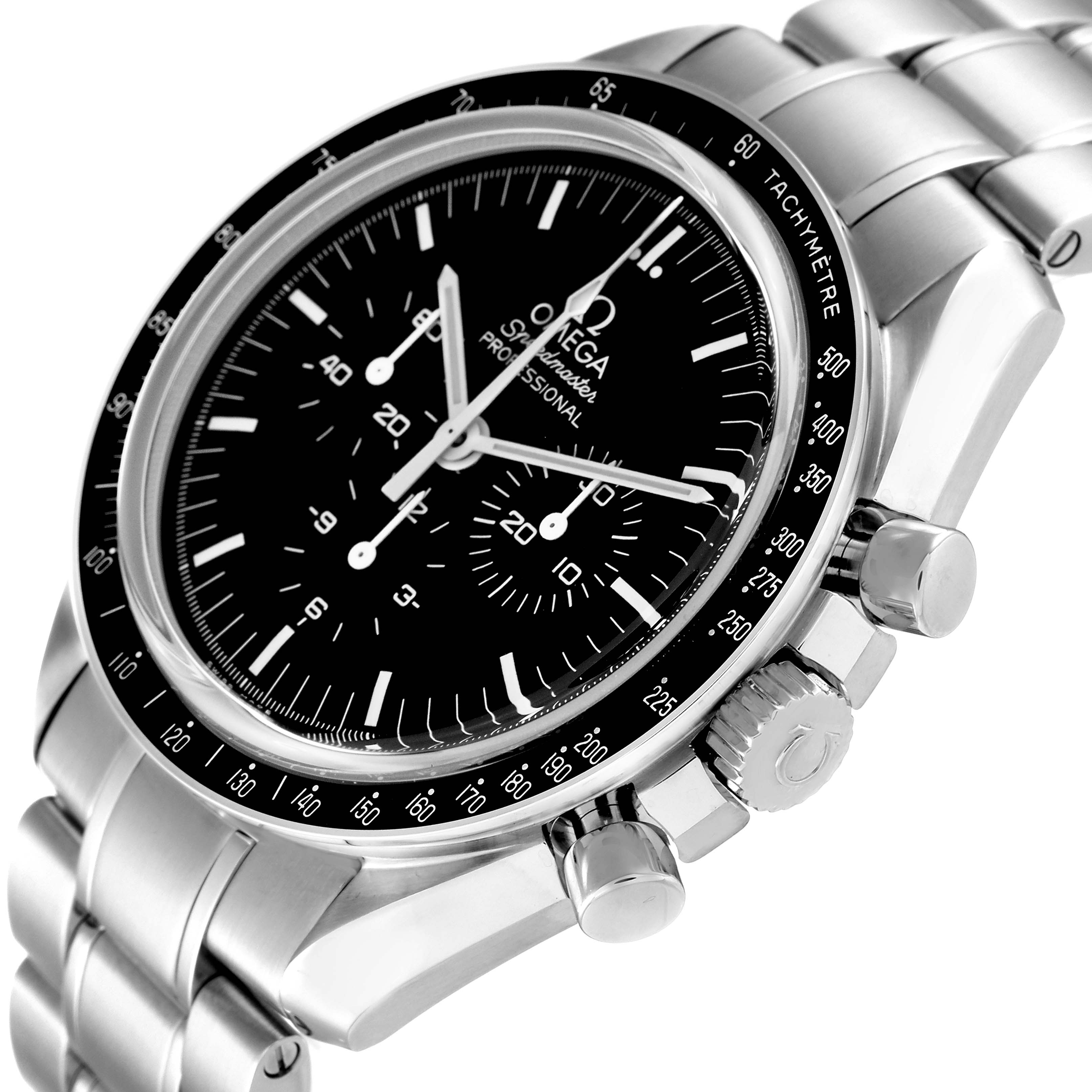 The image shows a side angle of the Omega Speedmaster 311.30.42.30.01.006 Men
s Stainless Steel Black Dial 311.30.42.30.01.006 Men
s Stainless Steel Black Dial watch highlighting the face, bezel, crown, pushers, and metal bracelet.