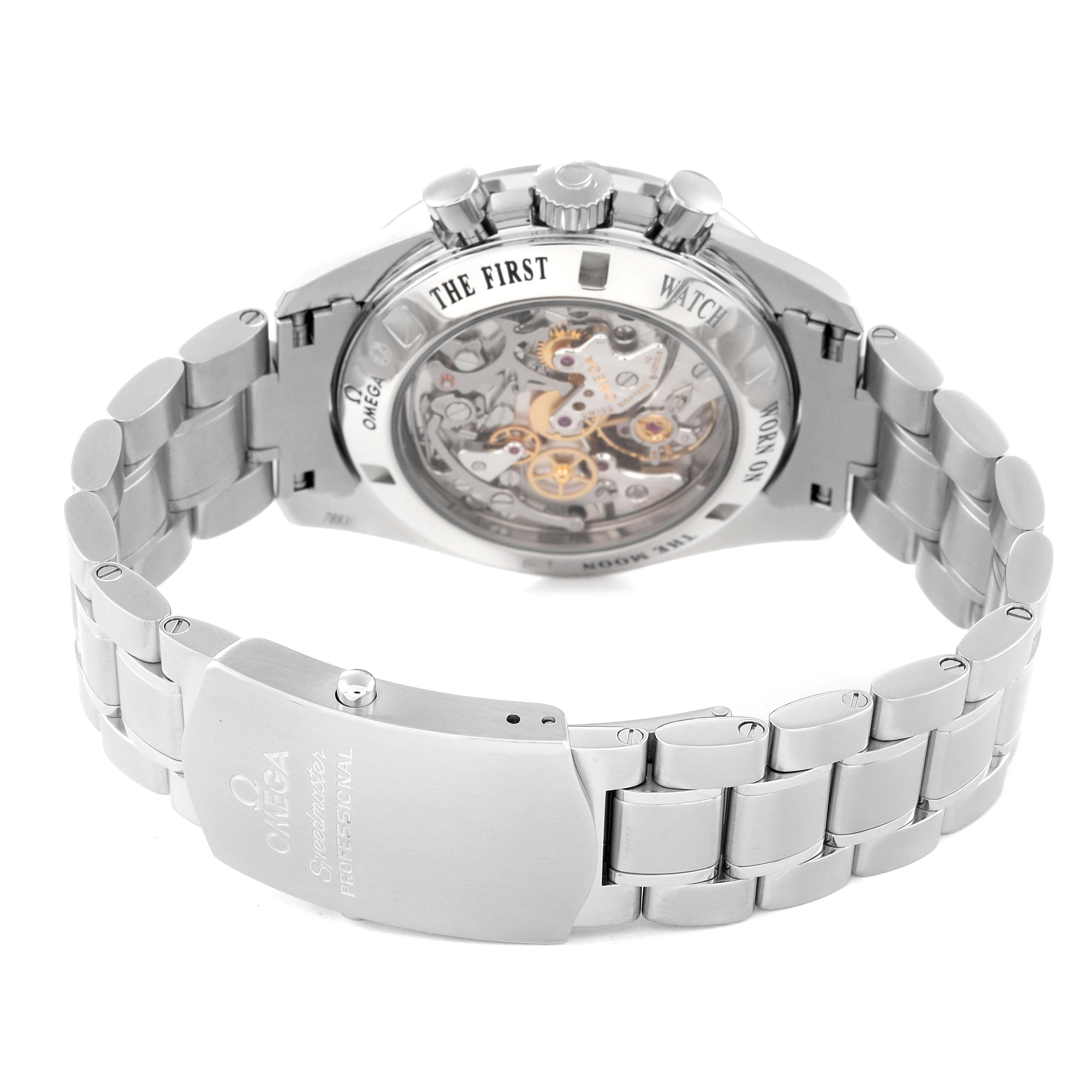 The image shows the back view of an Omega Speedmaster 311.30.42.30.01.006 Men
s Stainless Steel Black Dial 311.30.42.30.01.006 Men
s Stainless Steel Black Dial watch, highlighting its bracelet and exposed movement mechanism.