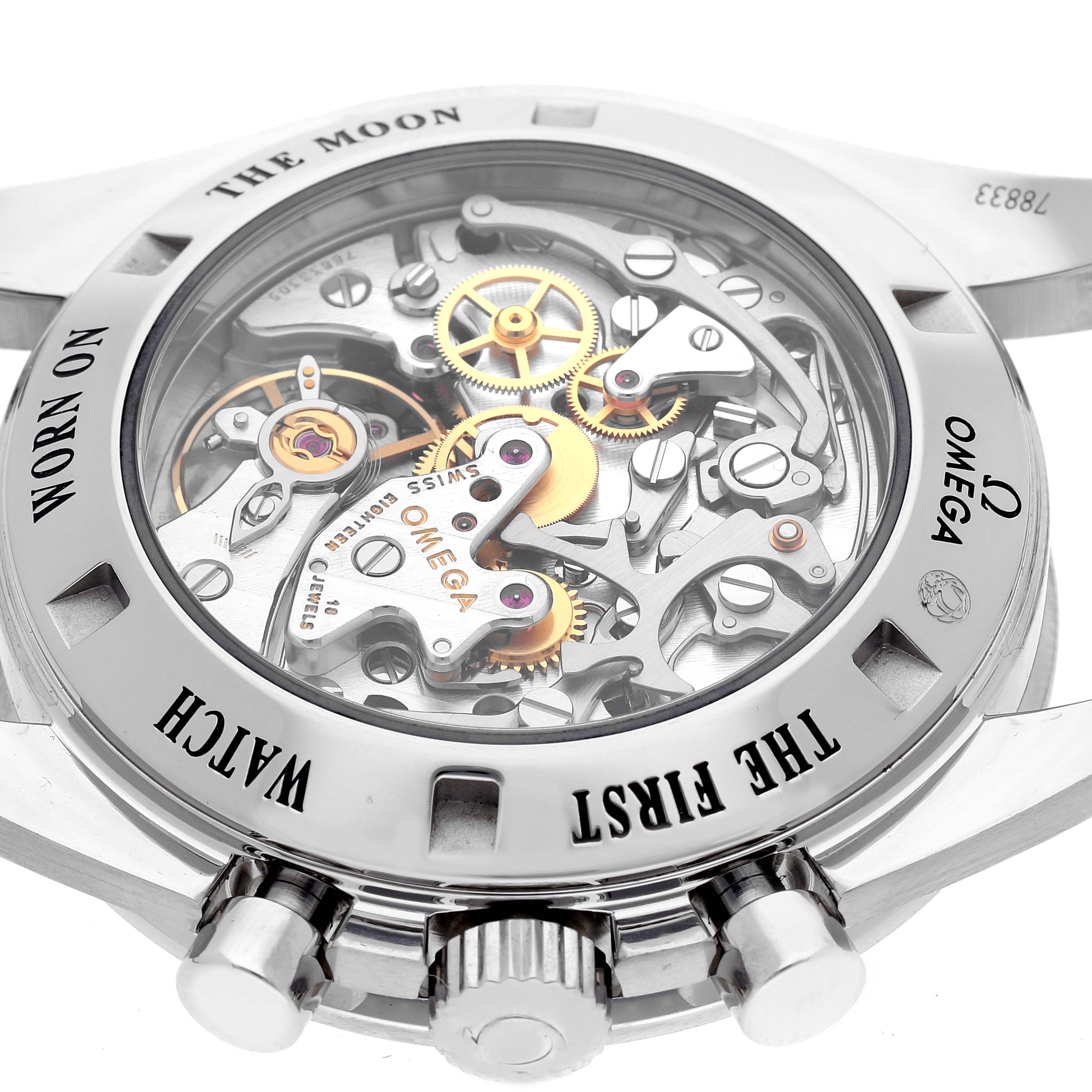 The image shows the back view of an Omega Speedmaster 311.30.42.30.01.006 Men
s Stainless Steel Black Dial 311.30.42.30.01.006 Men
s Stainless Steel Black Dial watch, highlighting its intricate movement and internal components.