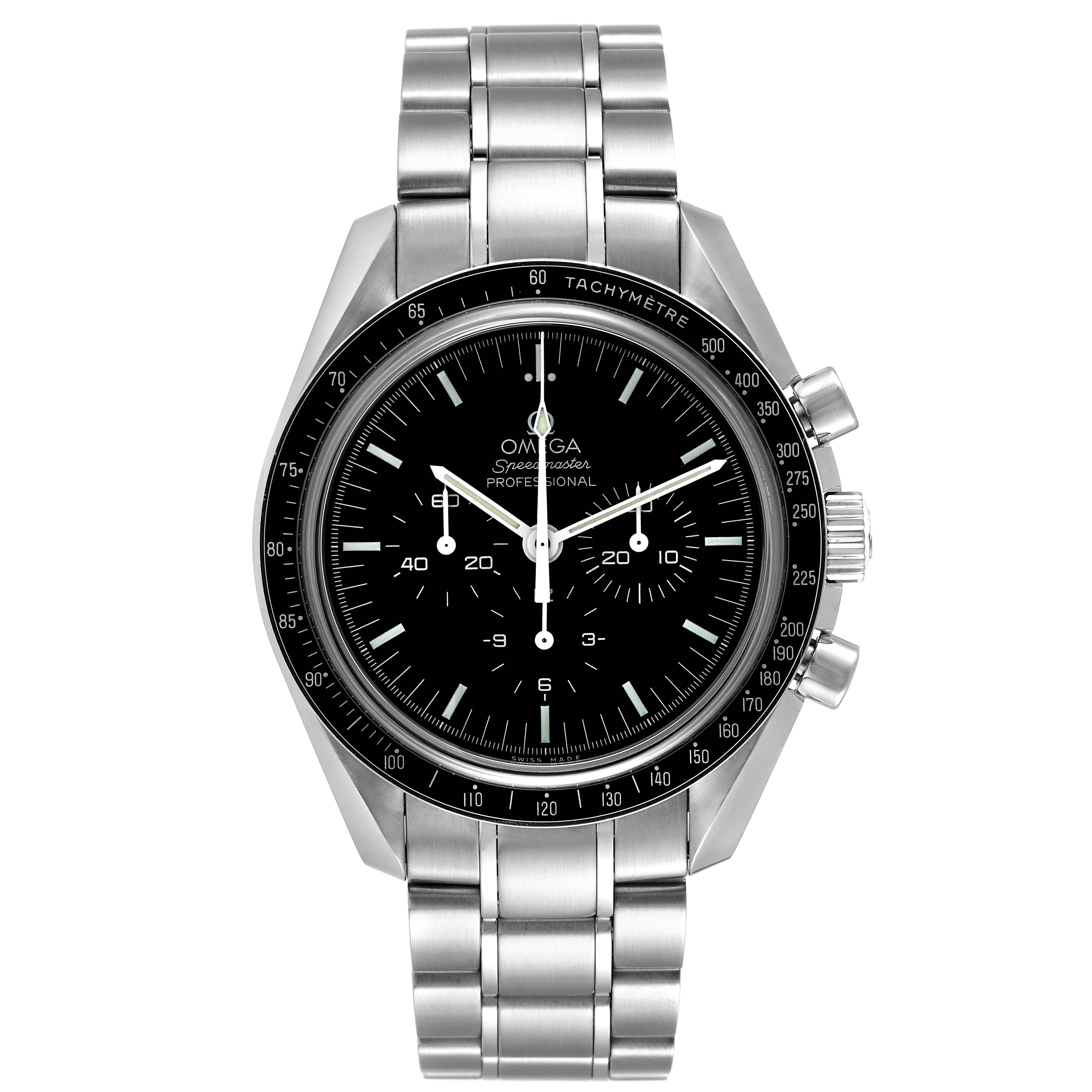 The image shows a front view of an Omega Speedmaster 311.30.42.30.01.006 Men
s Stainless Steel Black Dial 311.30.42.30.01.006 Men
s Stainless Steel Black Dial watch, highlighting the dial, bezel, case, and bracelet.